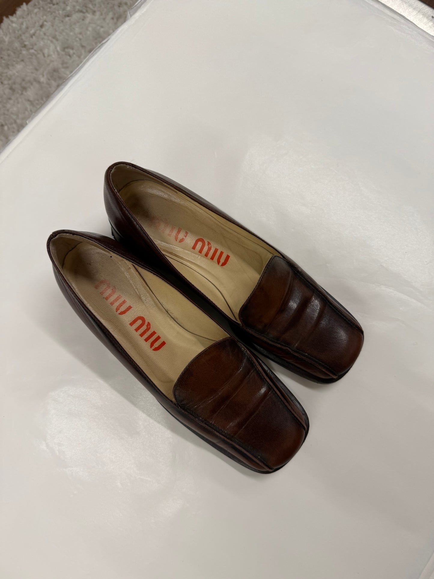 Miu Miu 00s Brown Square-Toe Loafers