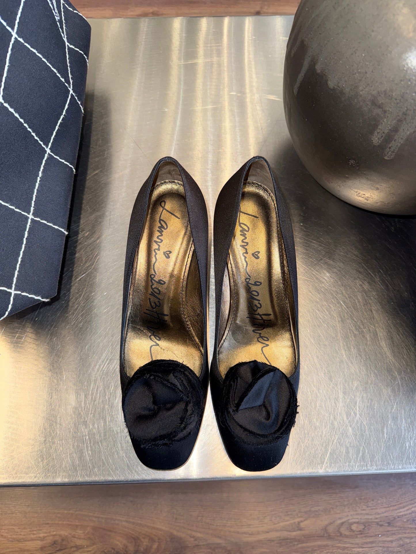 Lanvin Black Satin Heels Sculptural Flower 38