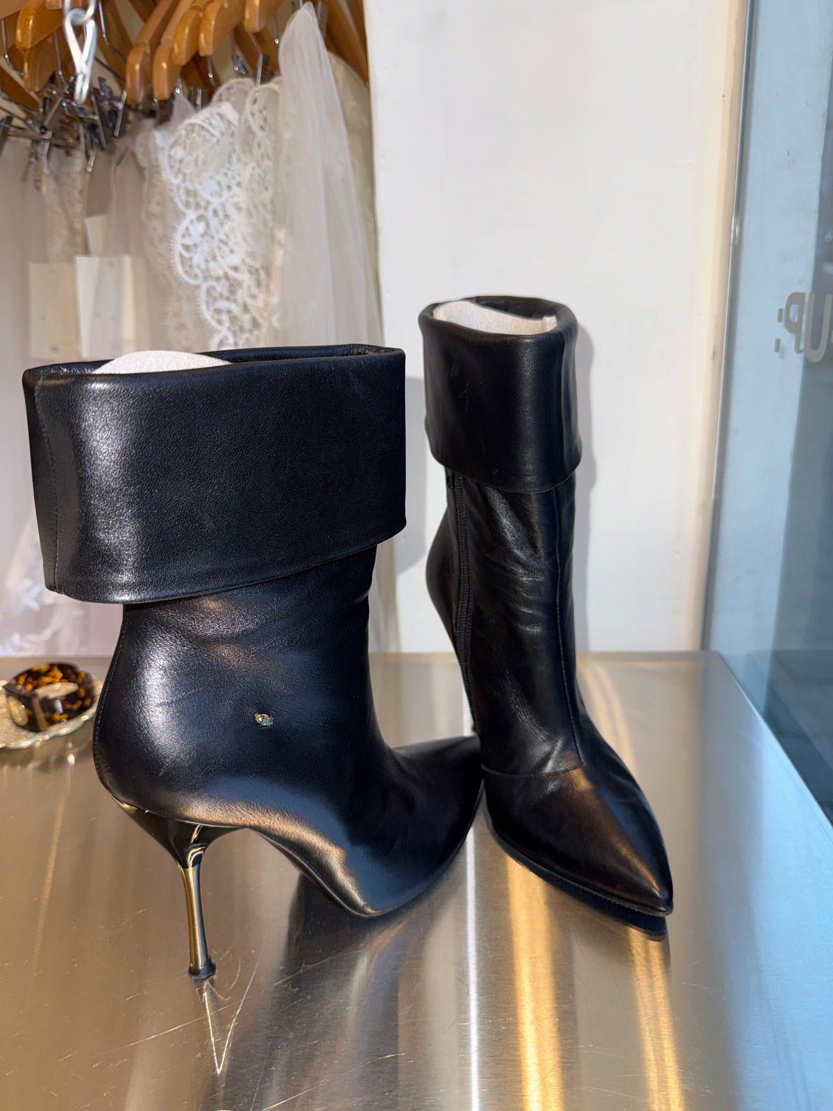 Sportmax by Max Mara Black Leather Fold-Over Stiletto Boots 35 EU