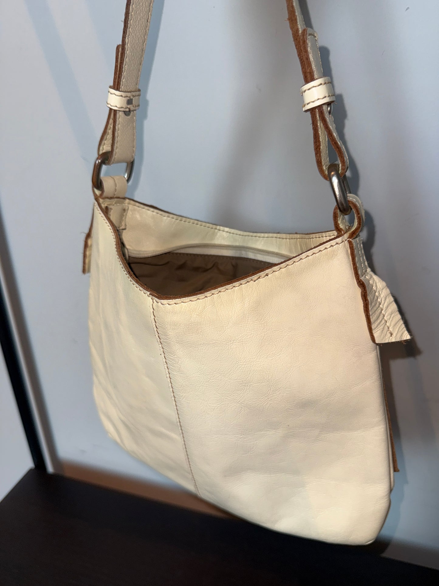 Sisley Ivory Leather Studded Shoulder Bag 2000s