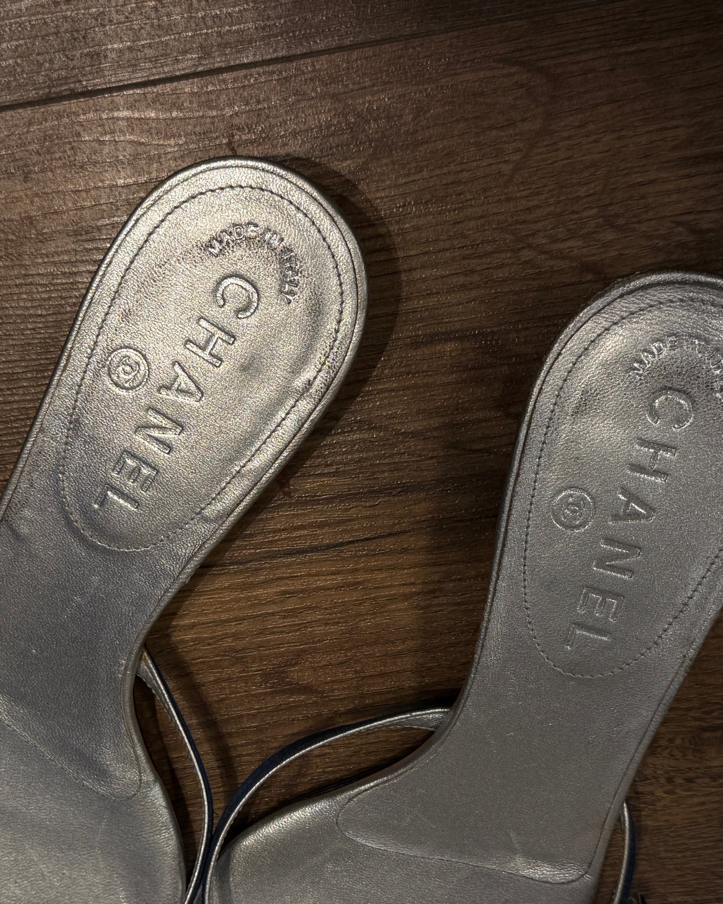 Chanel Silver & Navy Kitten Heel Mules 2000s 36.5 EU