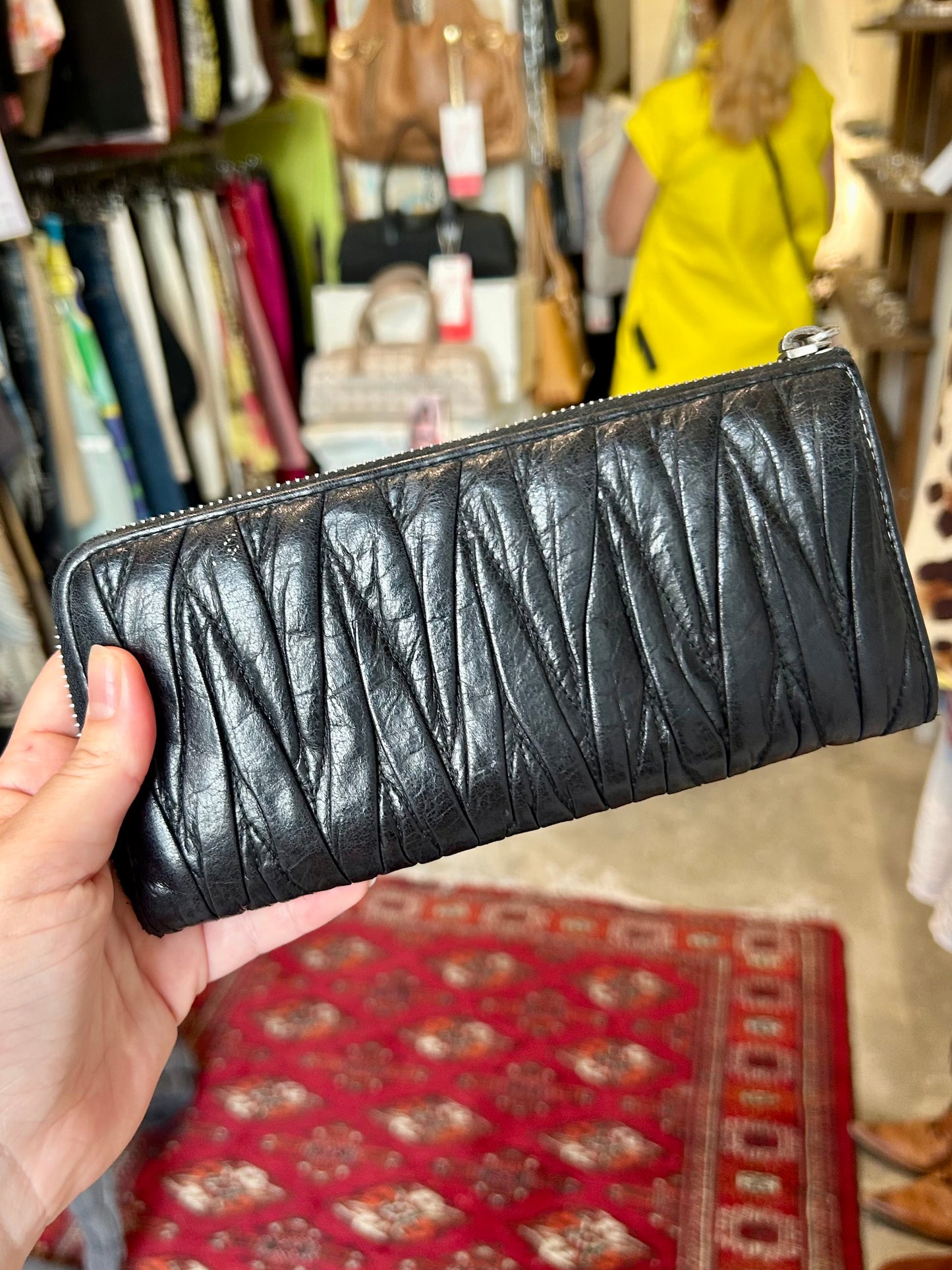 MIU MIU matelasse black leather zip long wallet