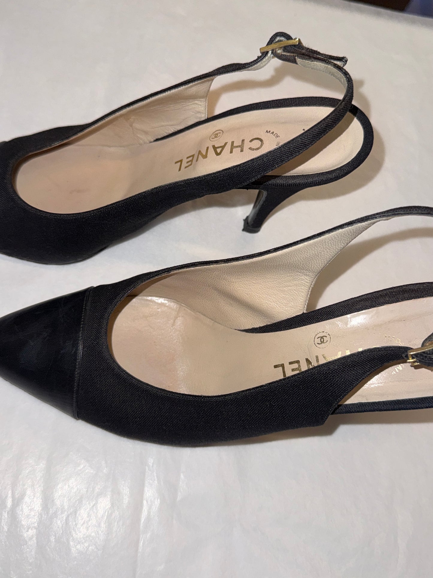 Chanel Black Cap Toe Slingback Heels 37 EU