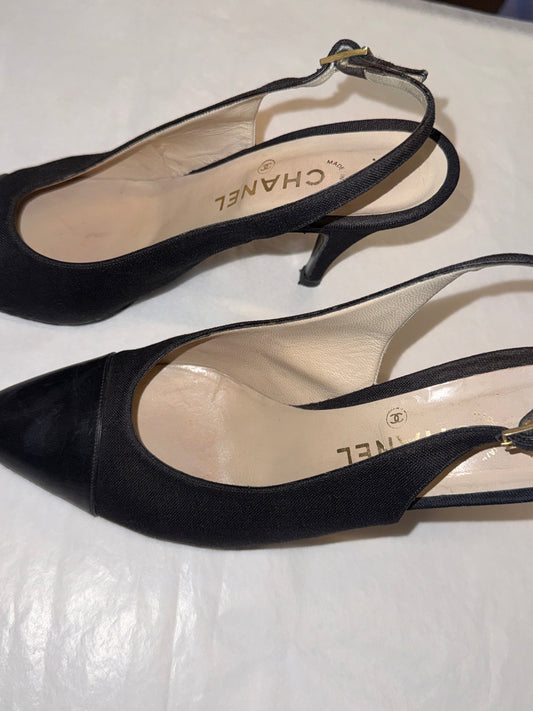 Chanel Black Cap Toe Slingback Heels 37.5-38 EU