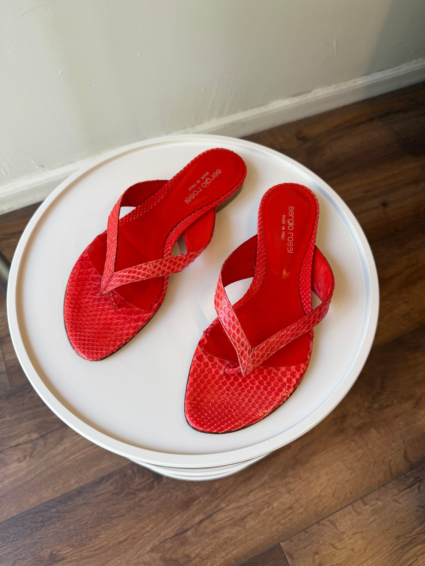 Sergio Rossi Python Leather Thong Sandals – Neon Coral