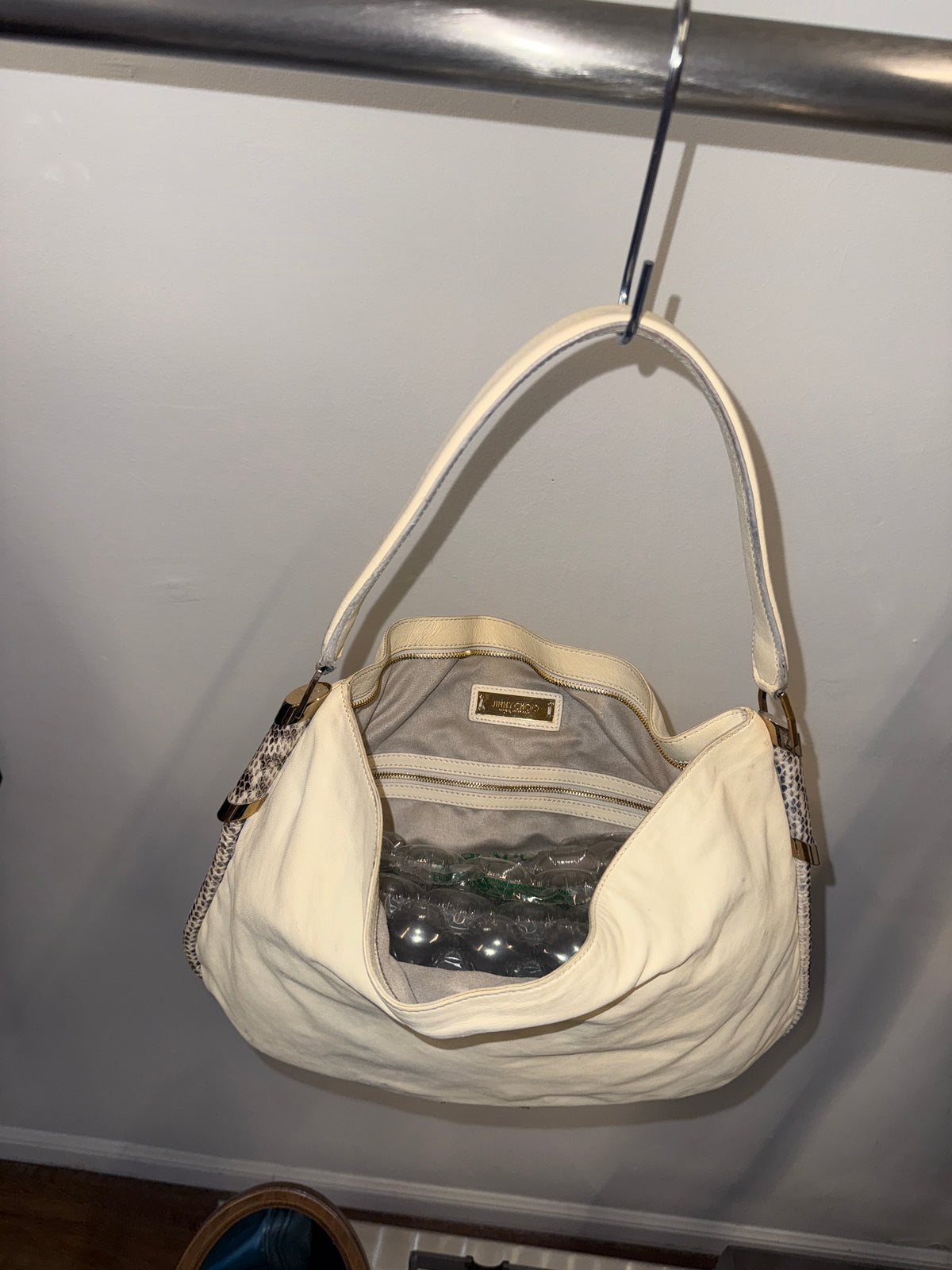 Jimmy Choo Snakeskin-Trimmed Ivory Leather Hobo Bag Late 2000s