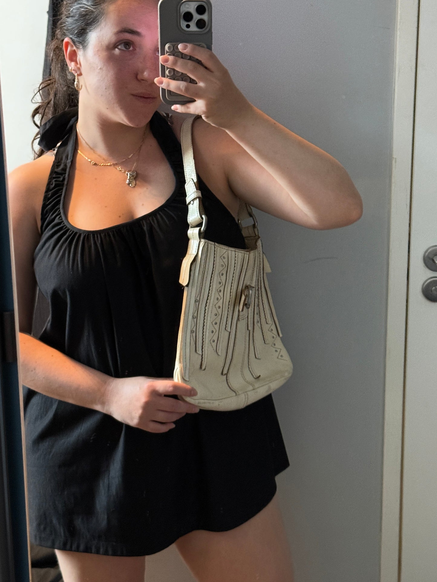 Sisley Ivory Leather Studded Shoulder Bag 2000s