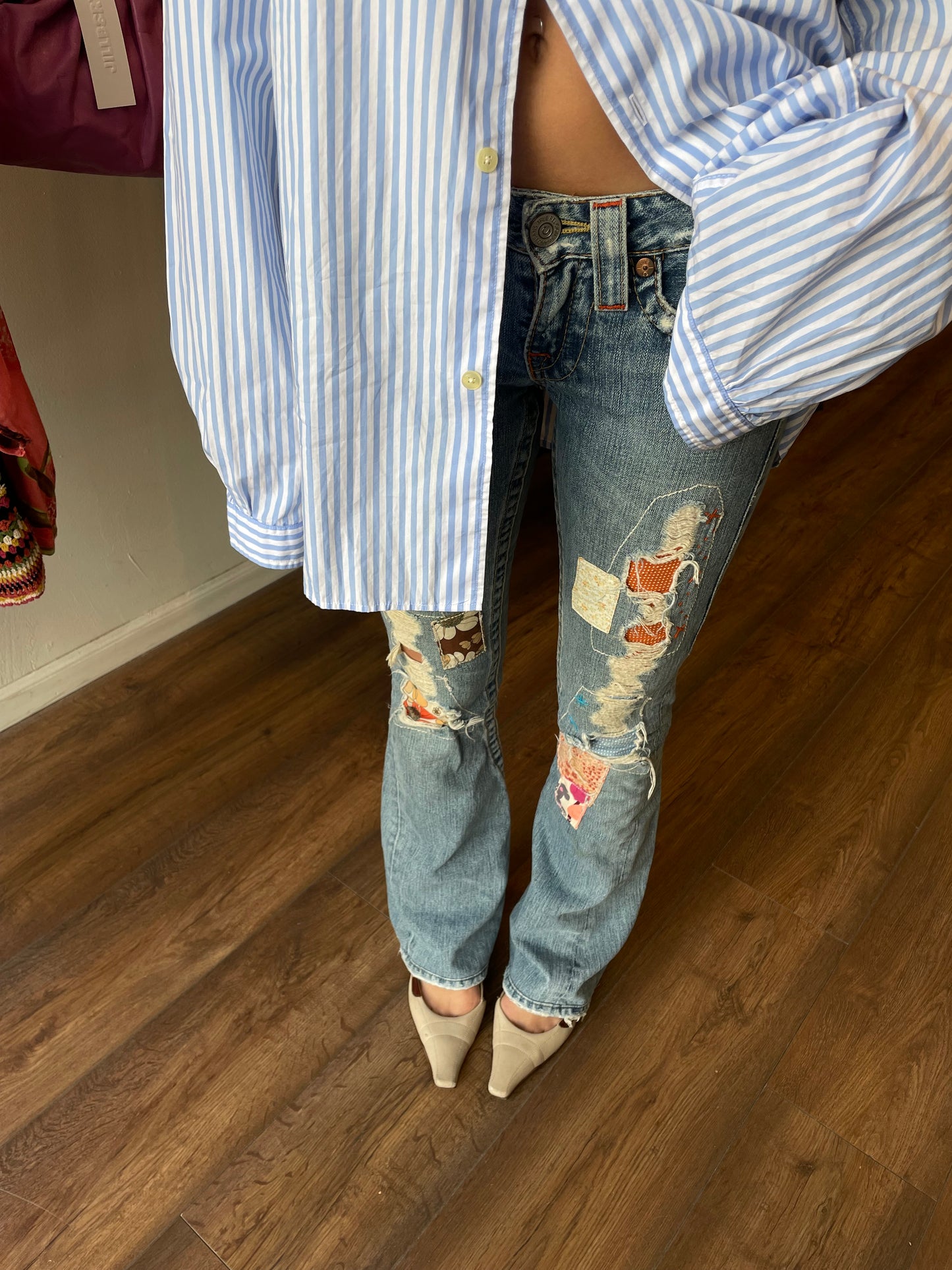 True Religion Patchwork Distressed Flare Jeans