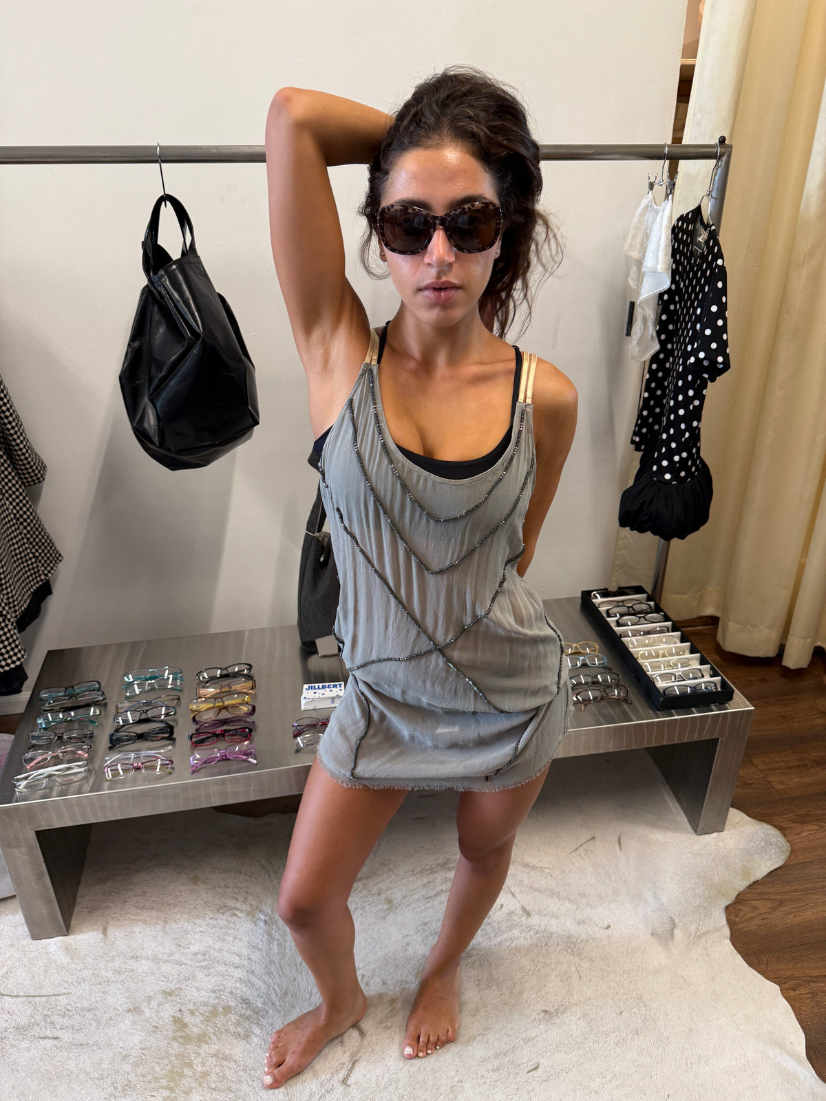 Vintage Grey Sheer Beaded Mini Dress