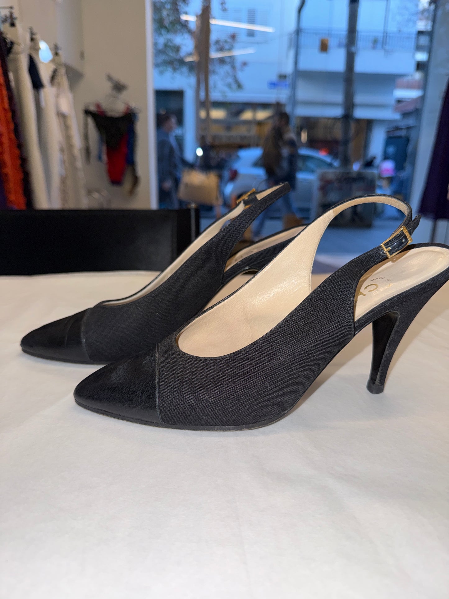 Chanel Black Cap Toe Slingback Heels 37 EU