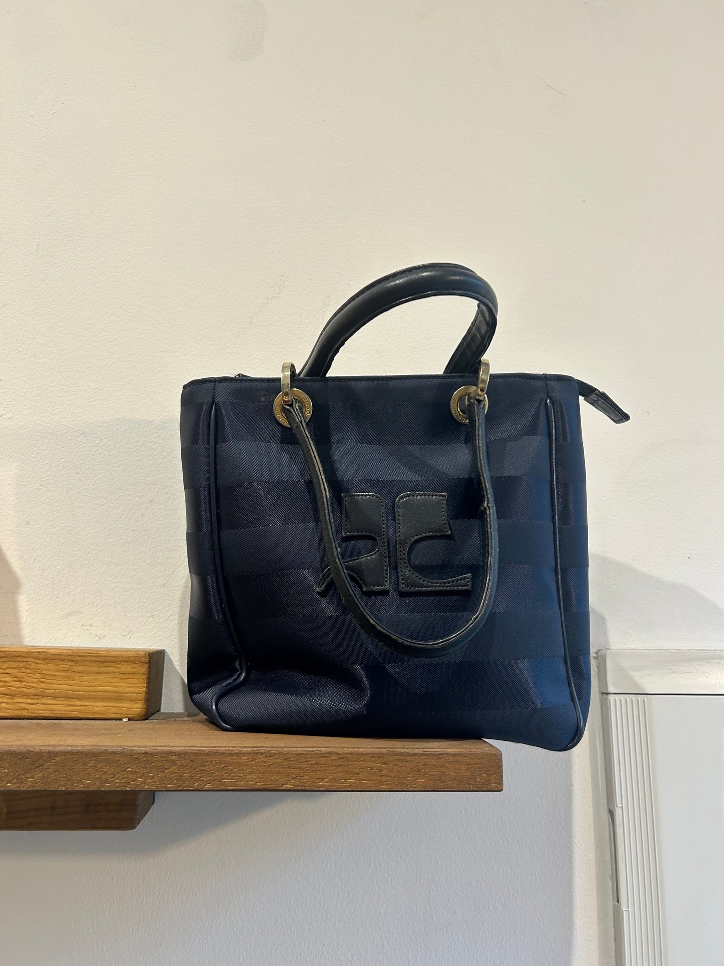 COURREGES navy blue striped nylon shoulder bag