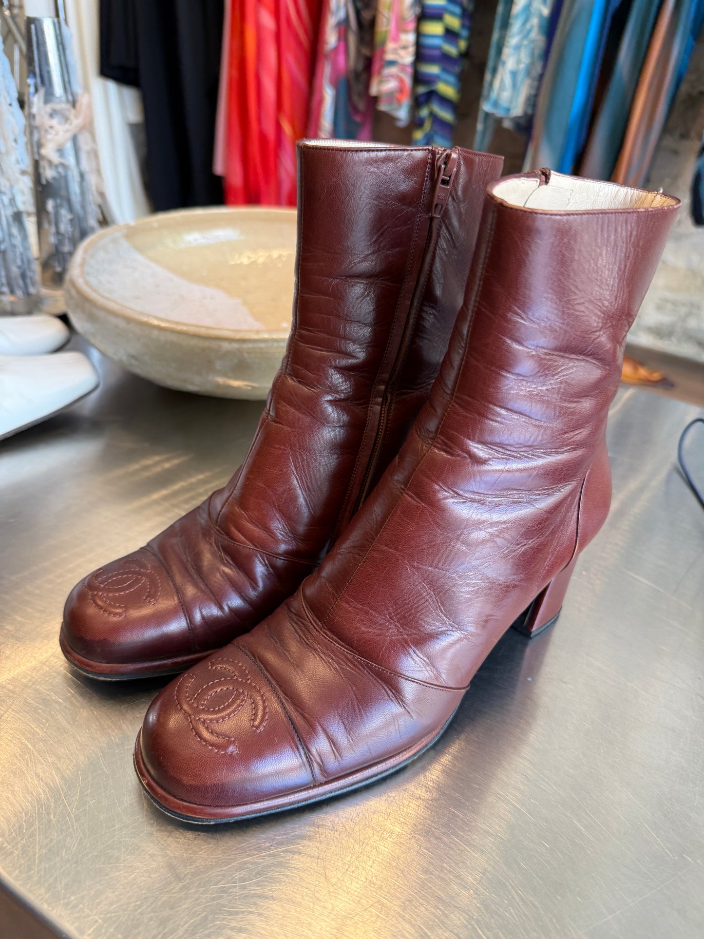 Chanel Burgundy CC Leather Ankle Boots c. 2004–2007