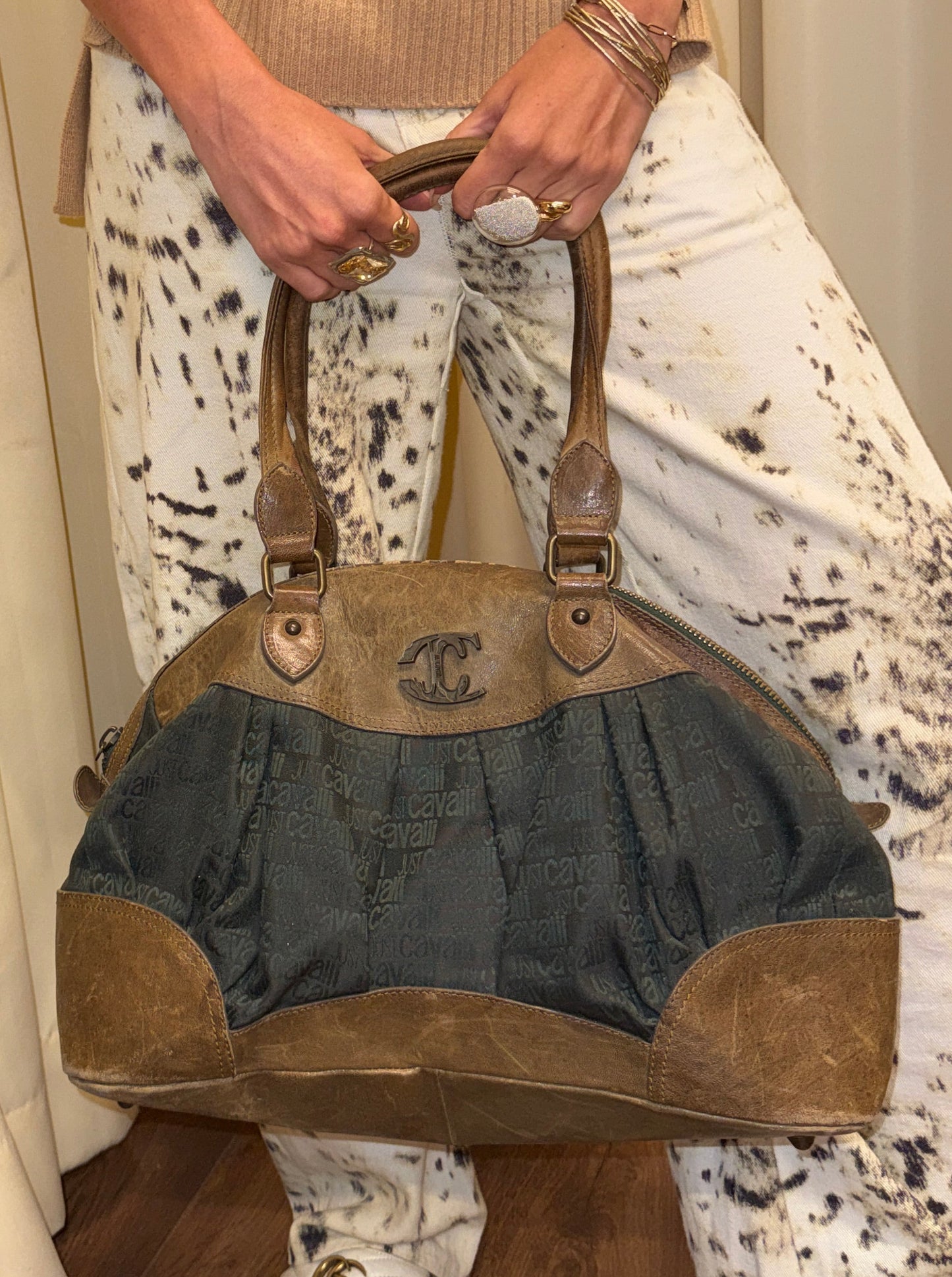 Roberto Cavalli Logo Canvas & Leather Bag