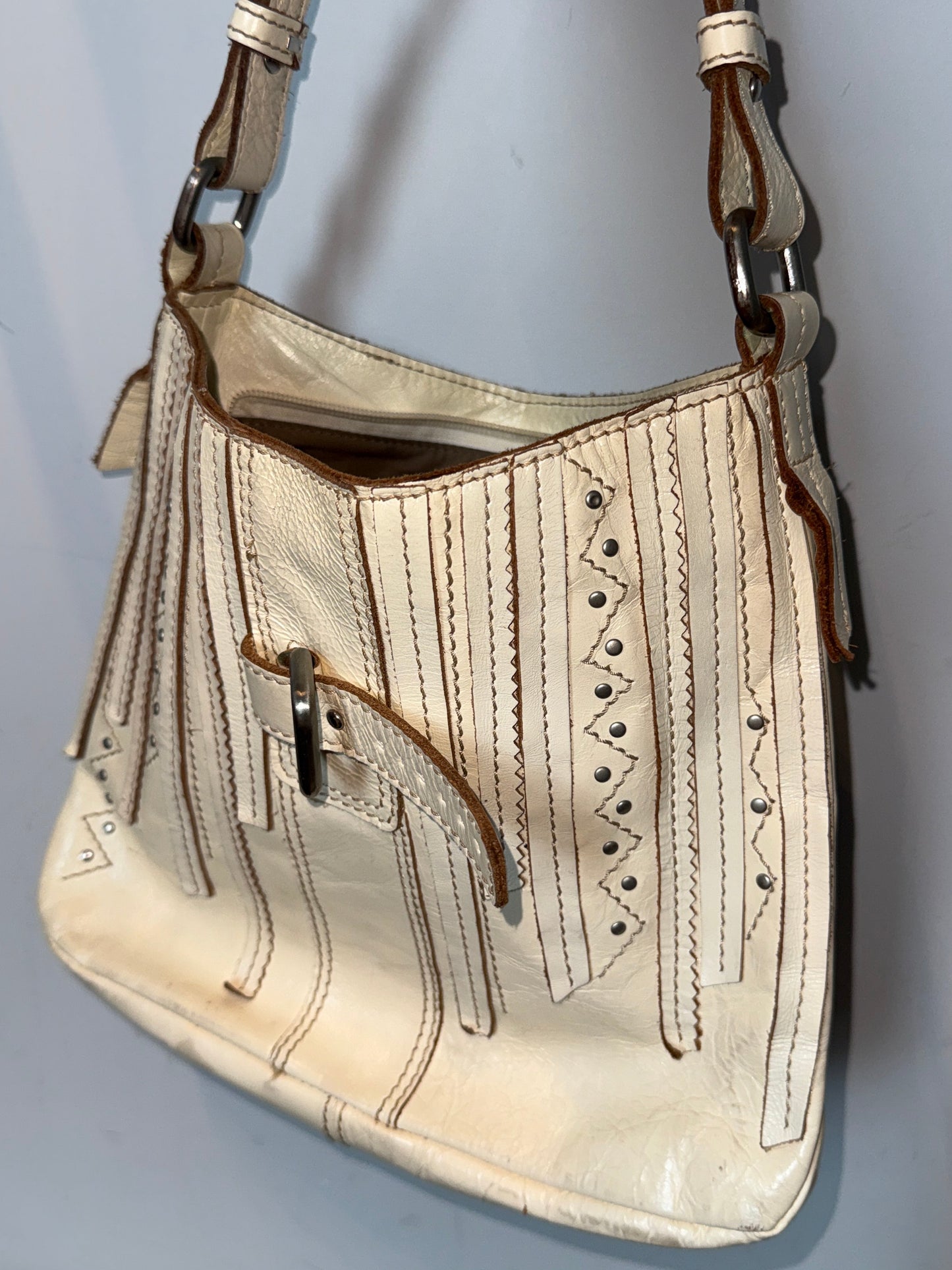 Sisley Ivory Leather Studded Shoulder Bag 2000s