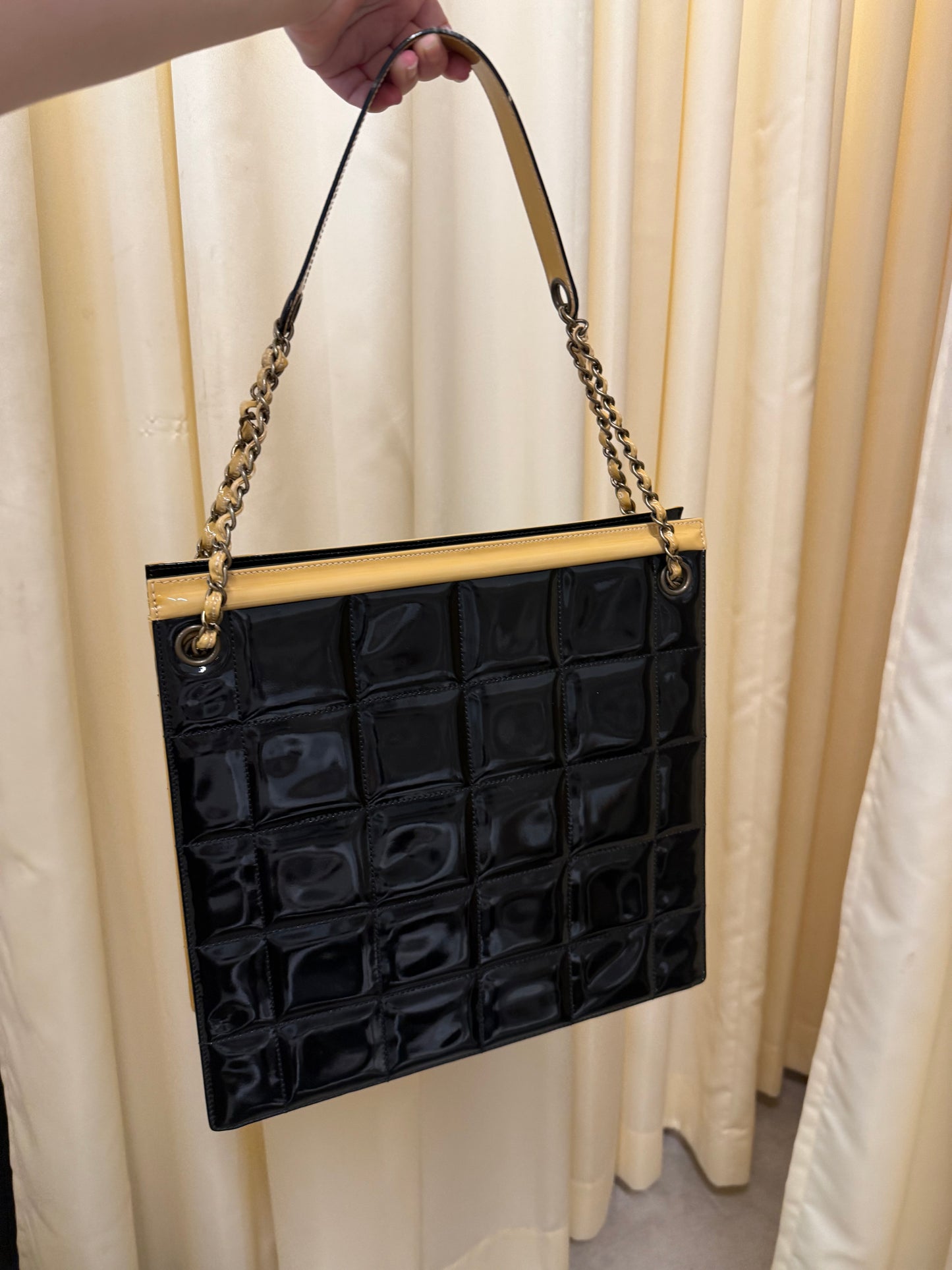 Chanel early 2000s boxy tote glossy black