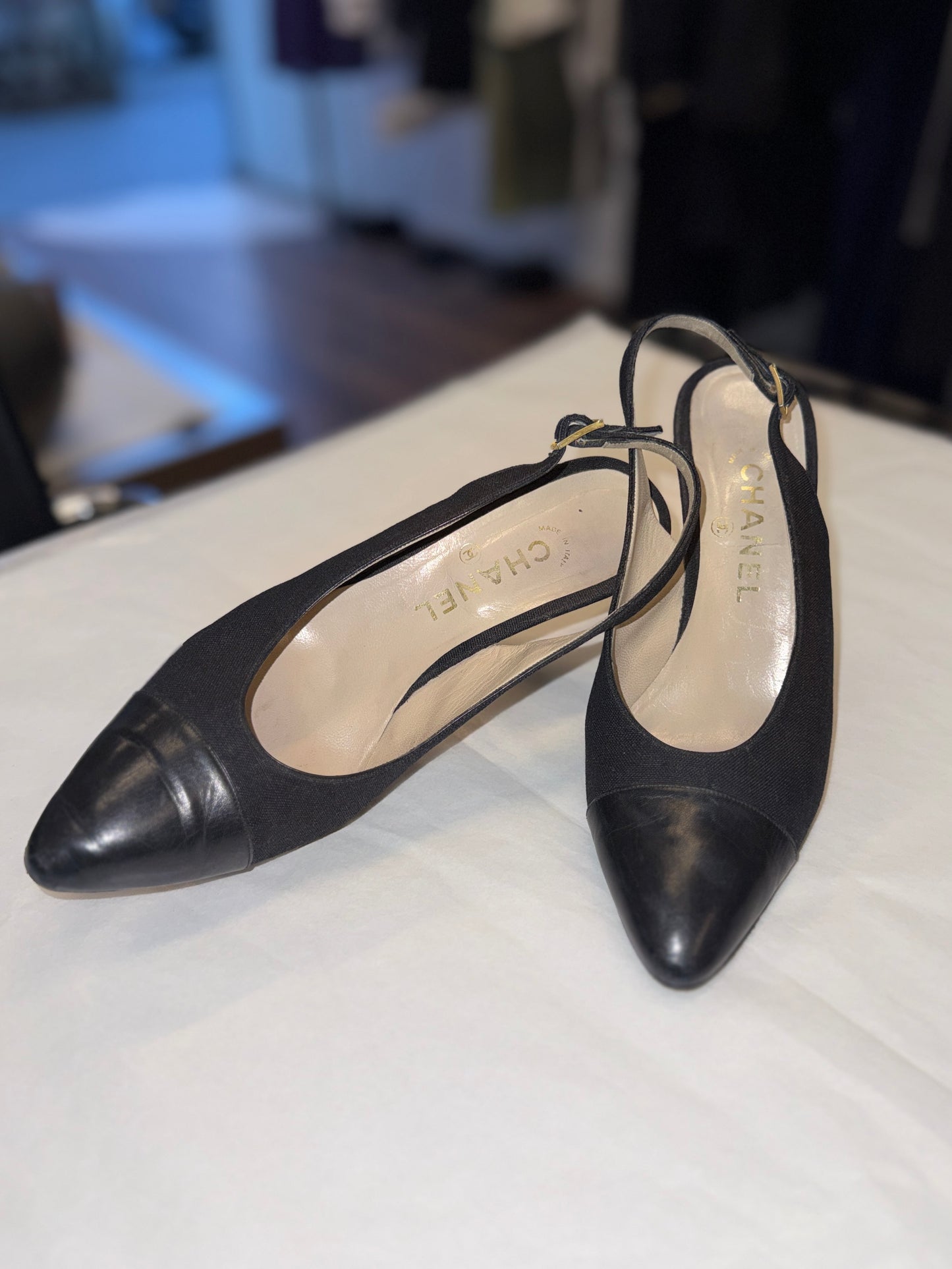 Chanel Black Cap Toe Slingback Heels 37 EU