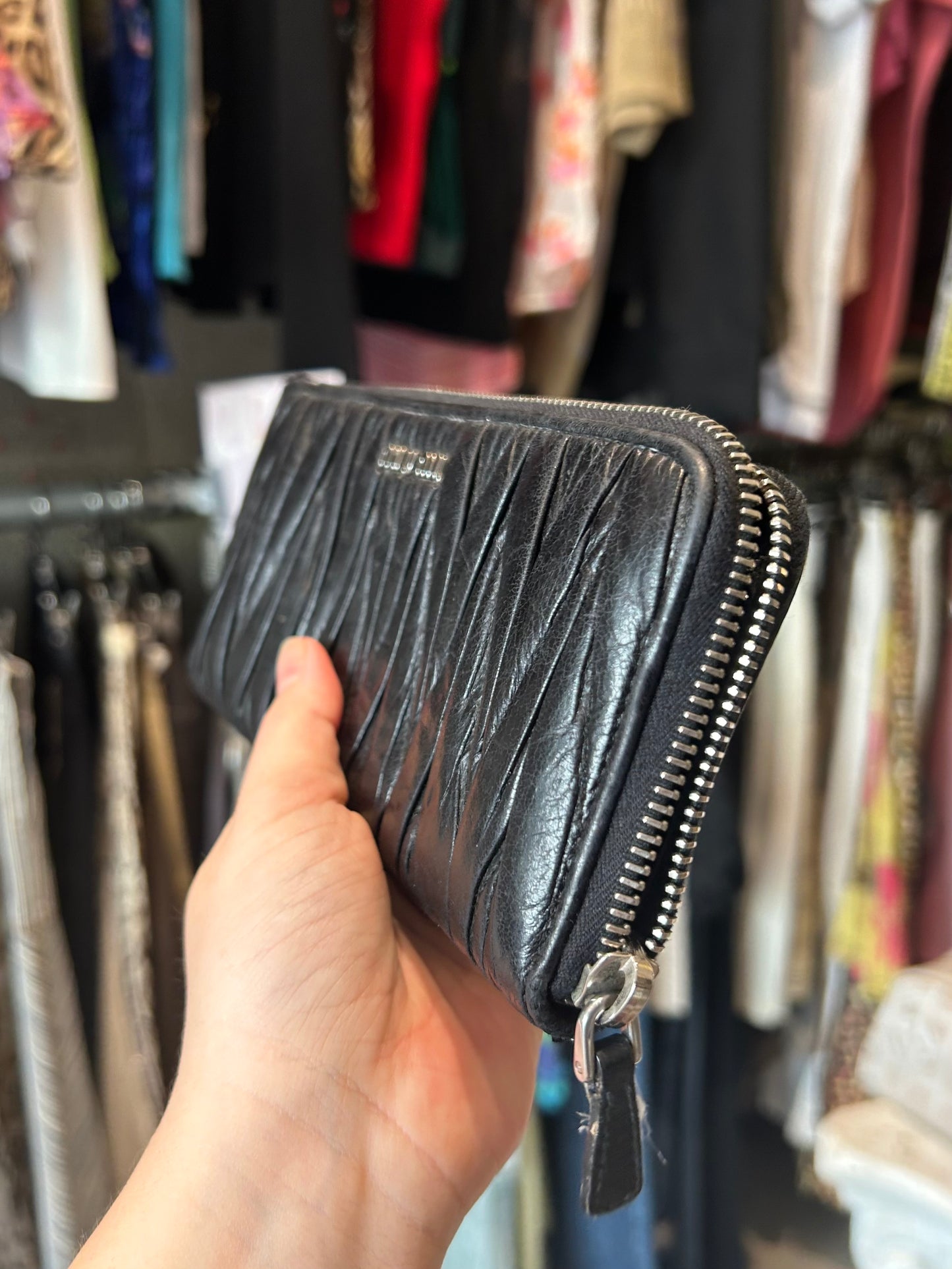 MIU MIU matelasse black leather zip long wallet