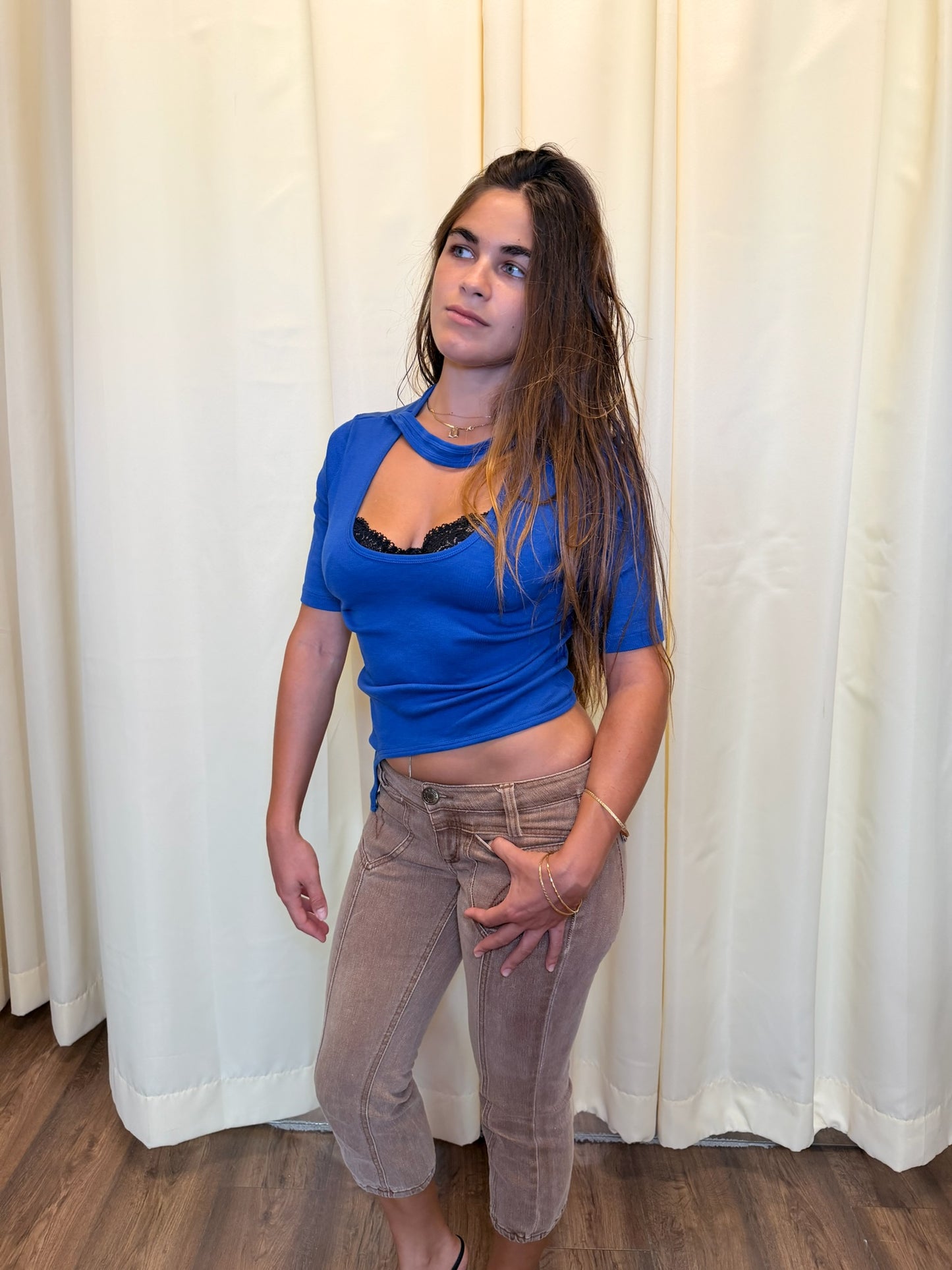 Helmut Lang Blue Asymmetric Cut-Out Ribbed Top Late 2010s