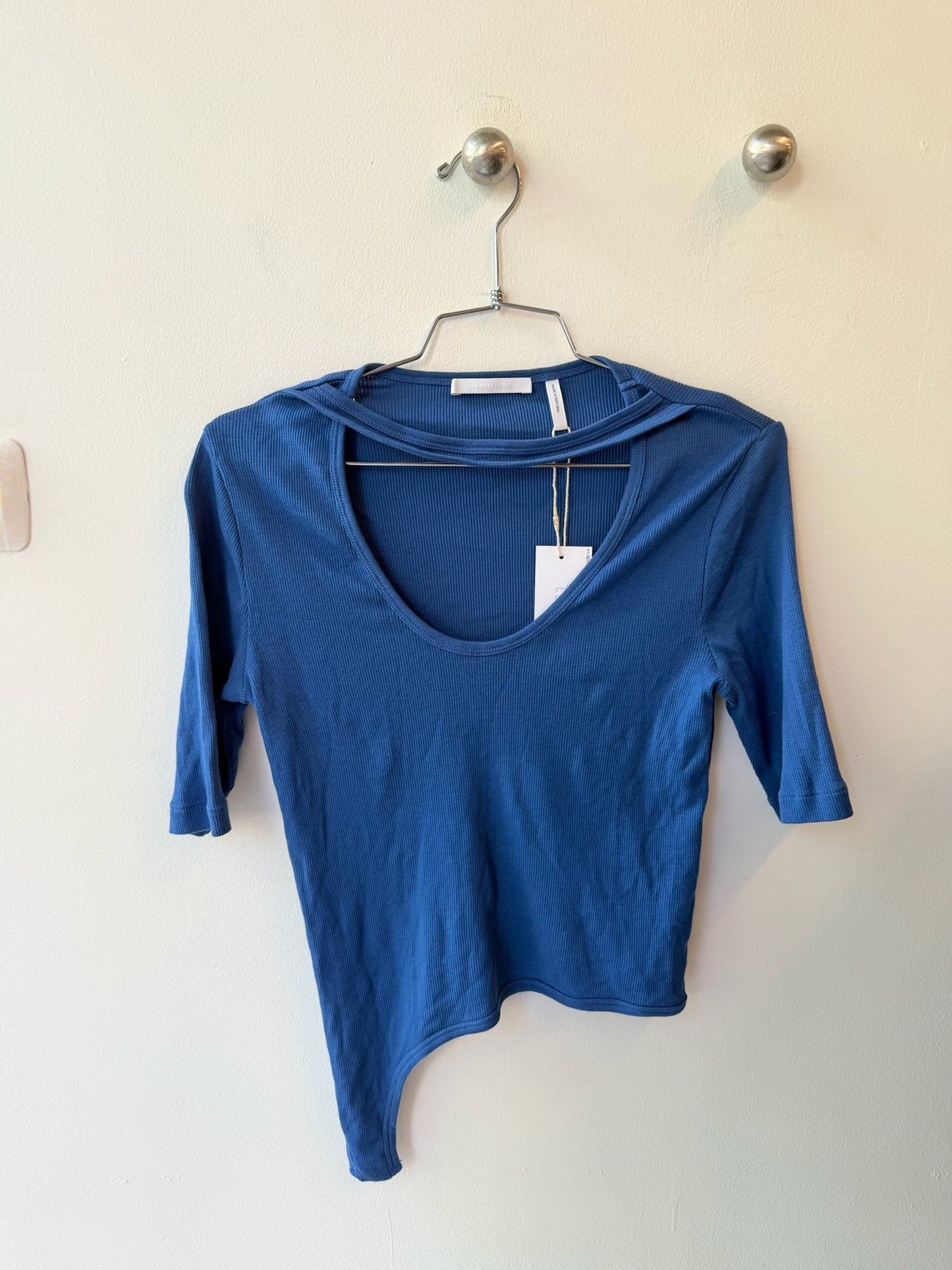 Helmut Lang Blue Asymmetric Cut-Out Ribbed Top Late 2010s