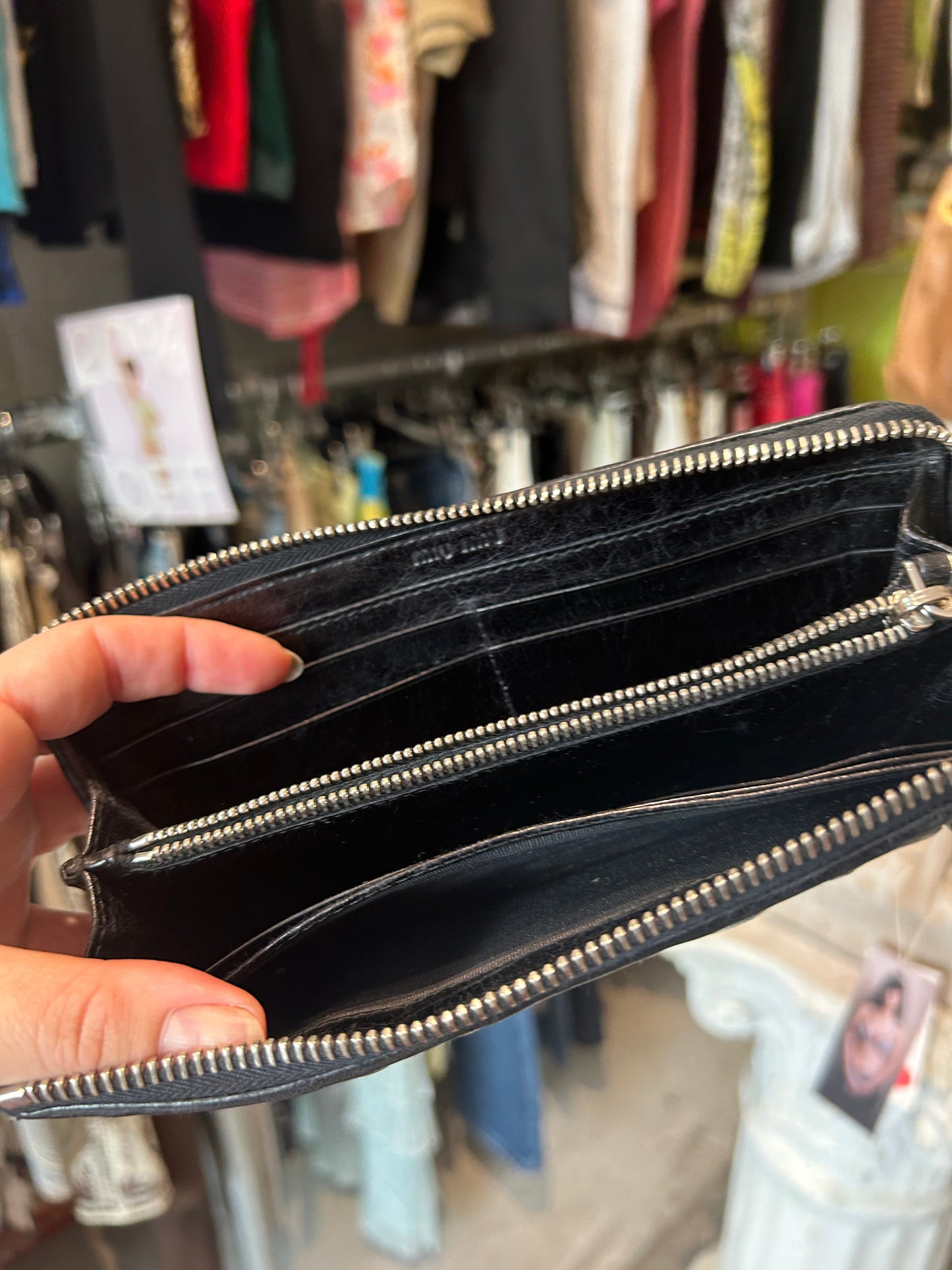 MIU MIU matelasse black leather zip long wallet