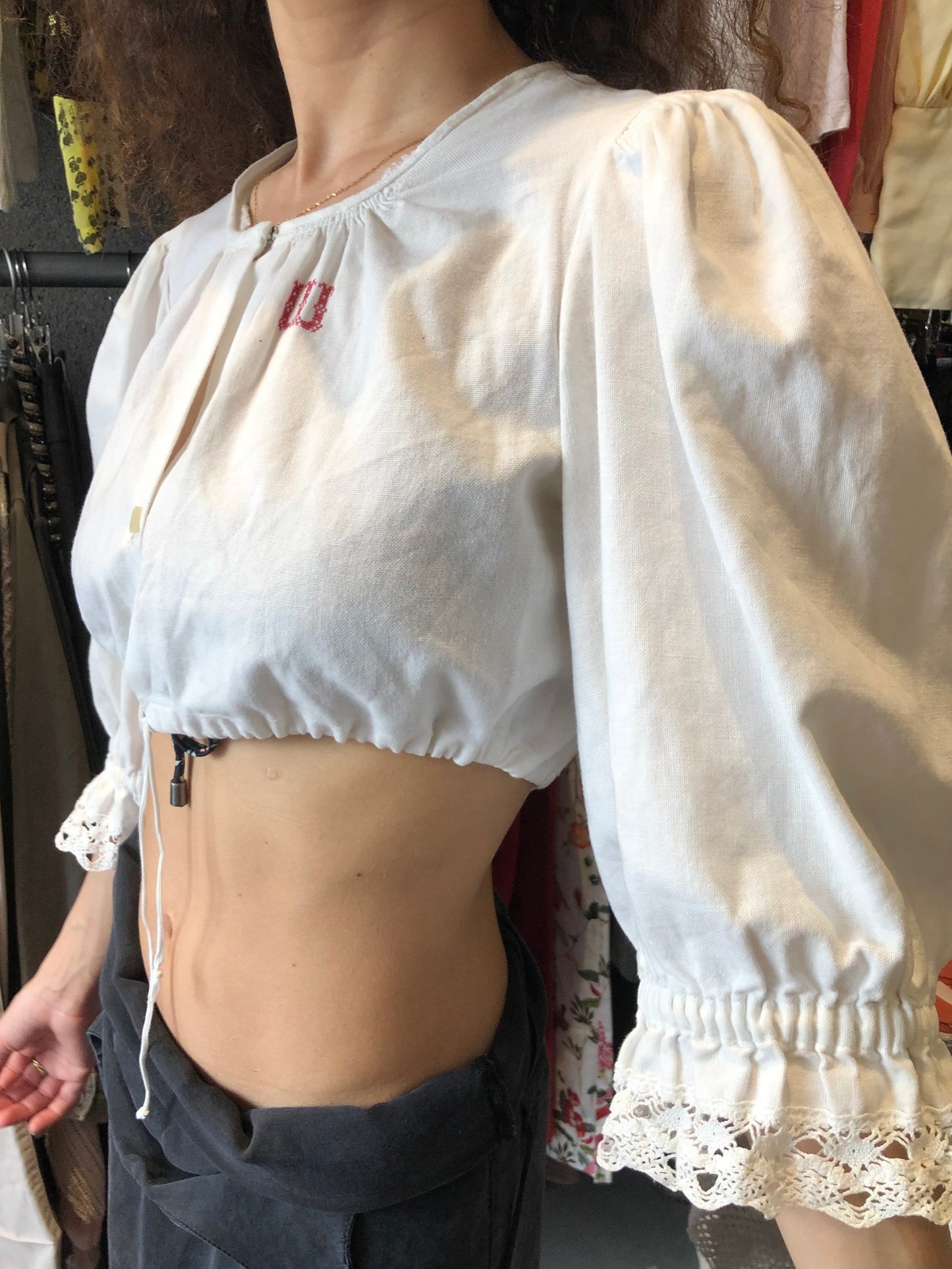 Handmade cotton puffy top with embroidered letters