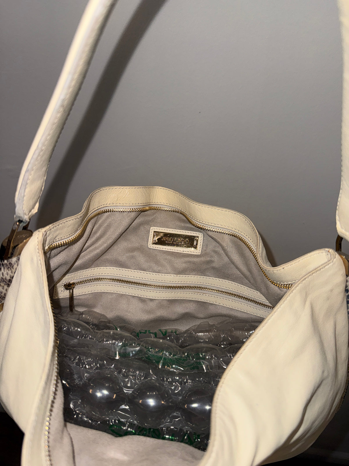 Jimmy Choo Snakeskin-Trimmed Ivory Leather Hobo Bag Late 2000s