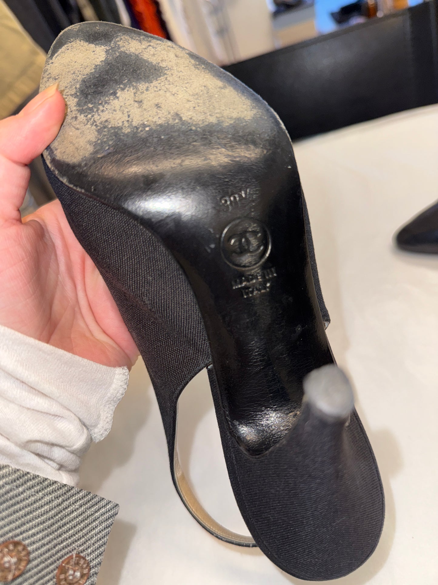 Chanel Black Cap Toe Slingback Heels 37 EU