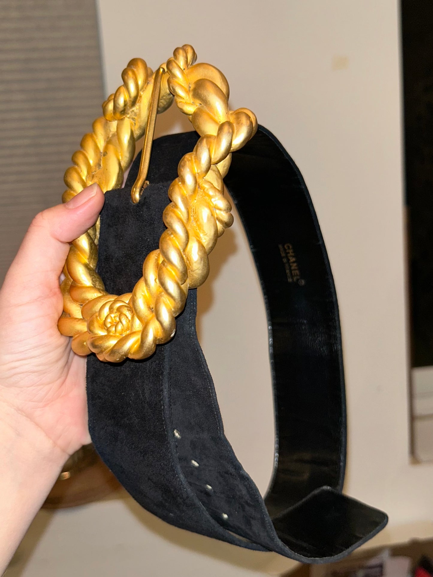 Chanel SS 1990 jumbo XL twisted rope black suede belt