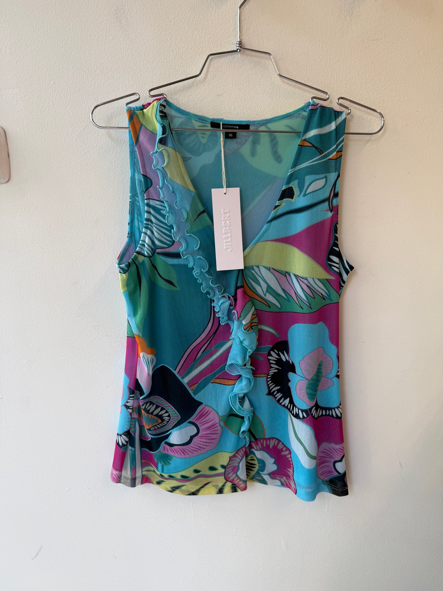 Comma Sheer Mesh Floral Ruffle Top