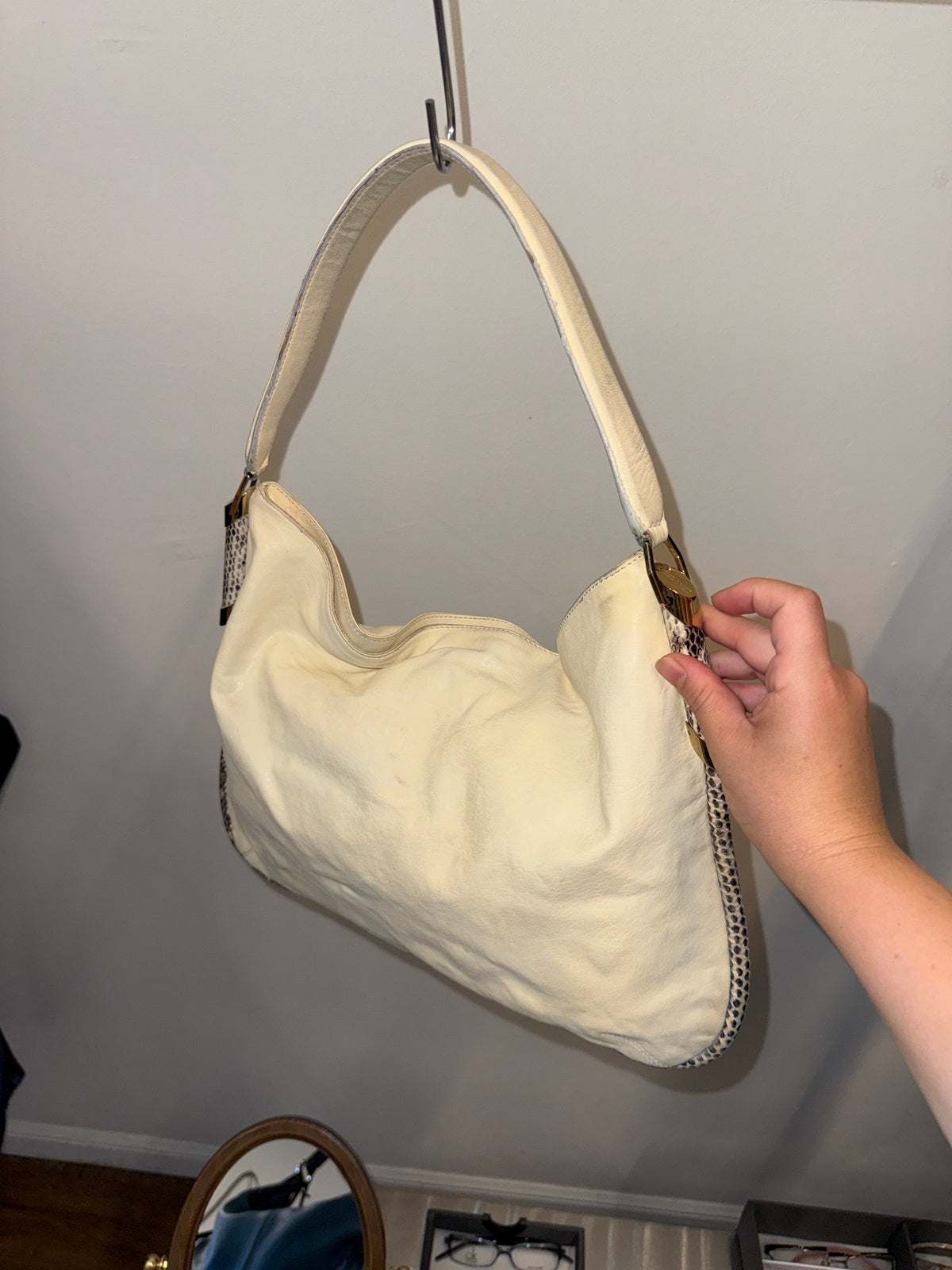 Jimmy Choo Snakeskin-Trimmed Ivory Leather Hobo Bag Late 2000s