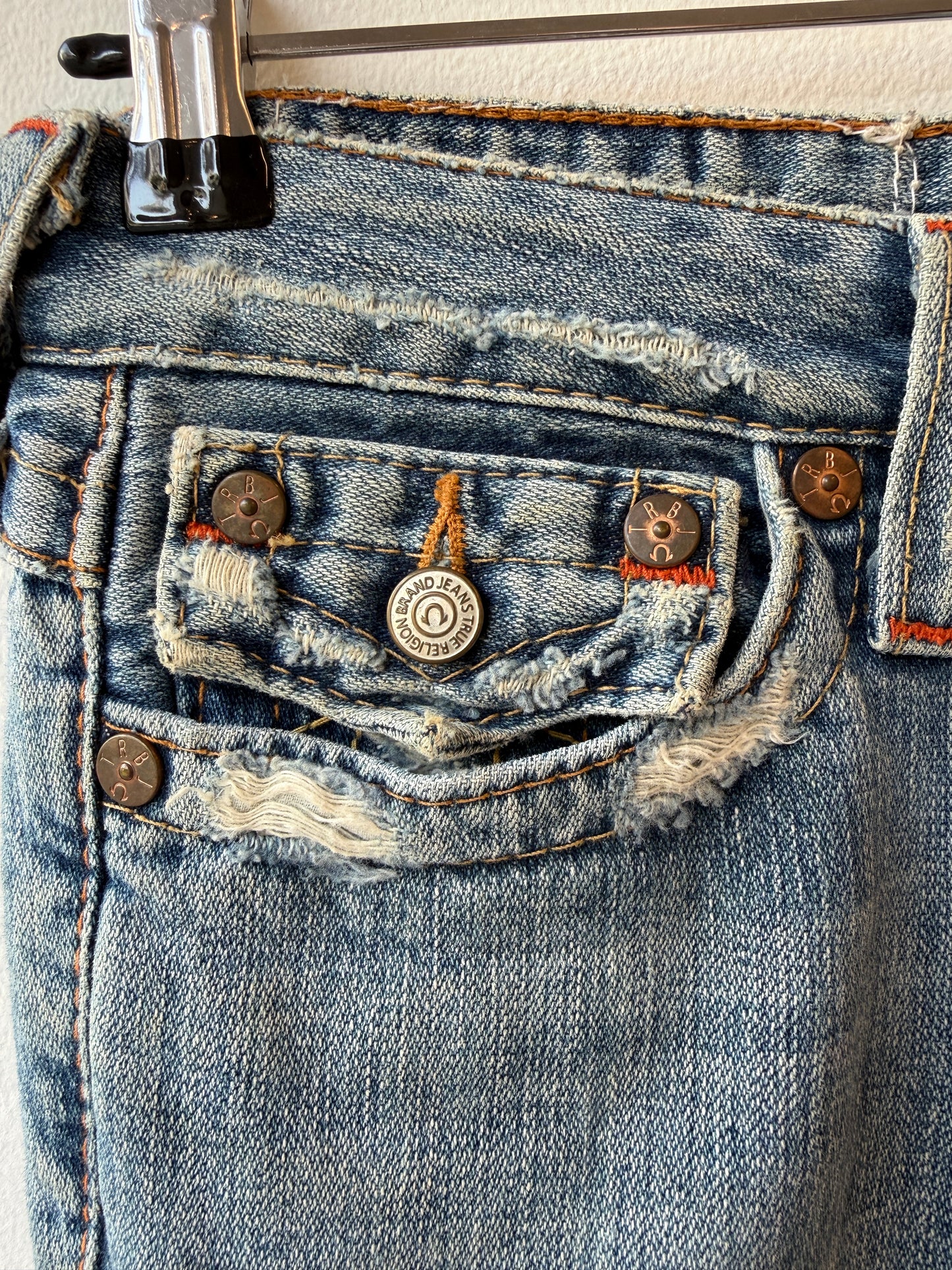 True Religion Patchwork Distressed Flare Jeans