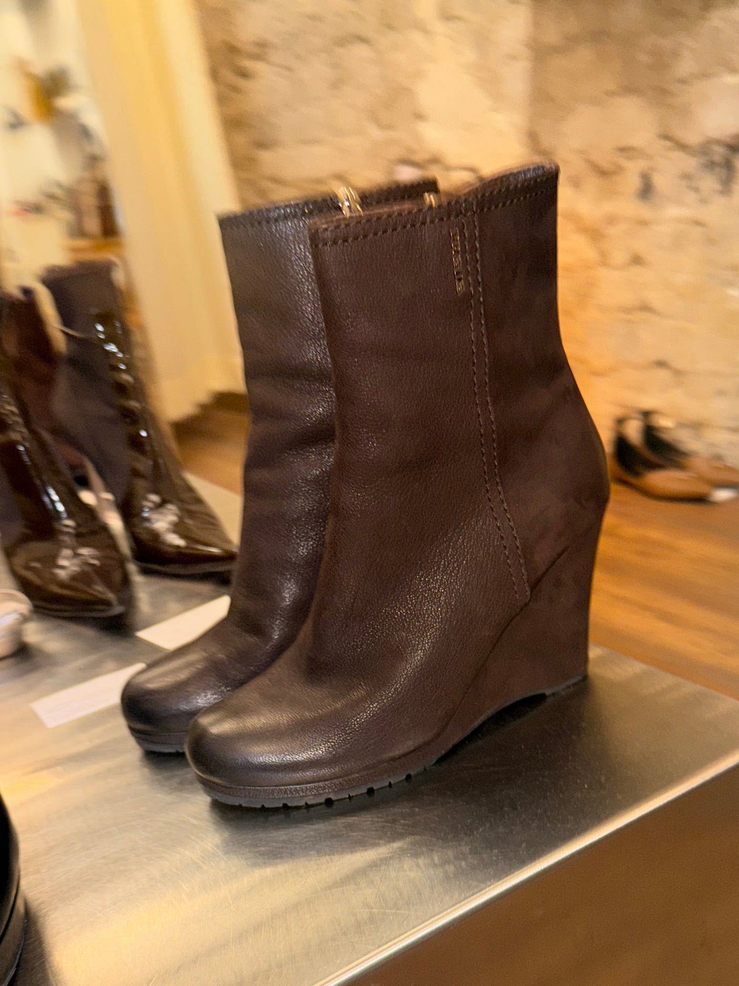 Prada Wedge Ankle Boots Chocolate Brown 38.5