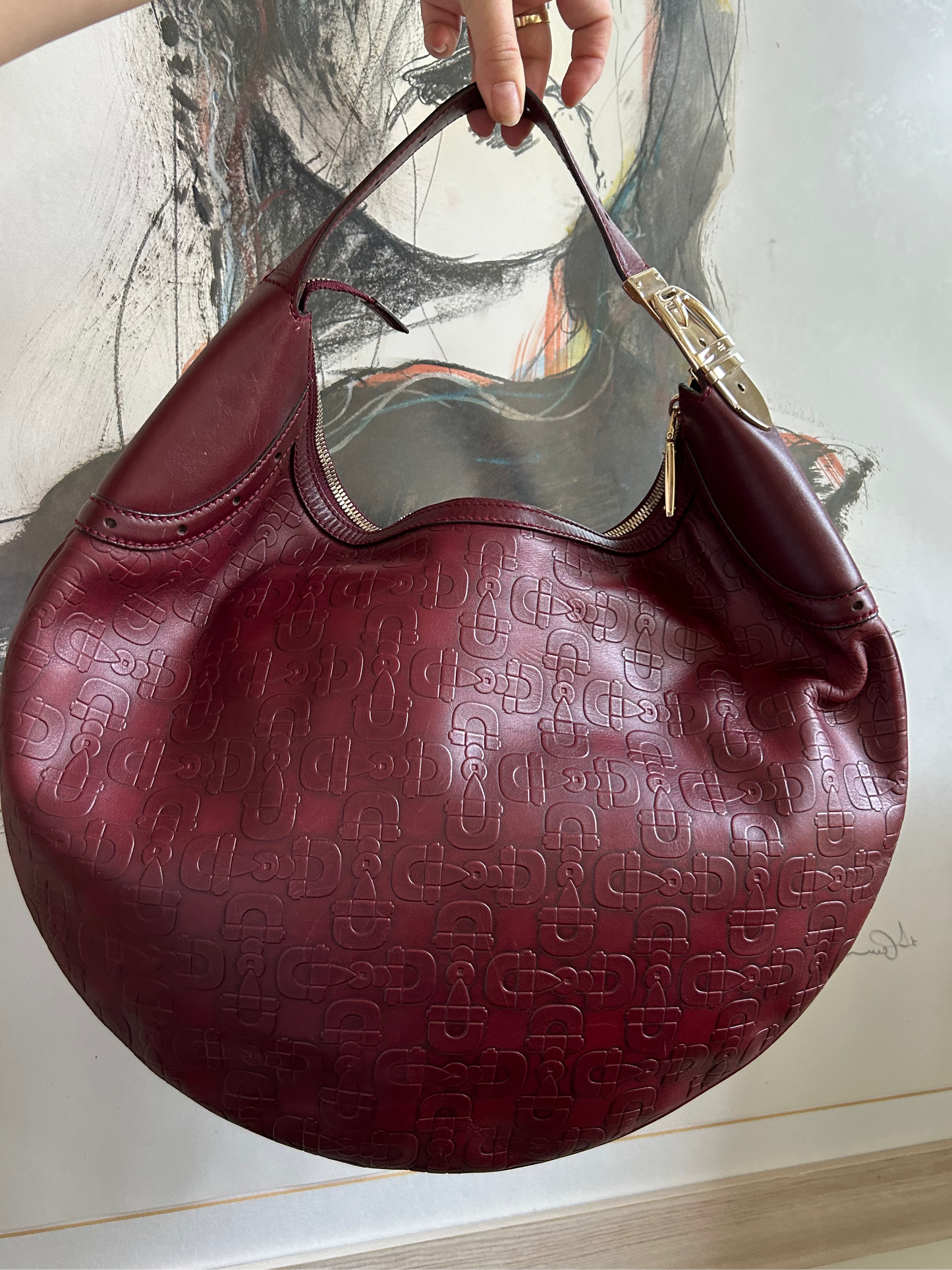 GUCCI moon embossed horsebit red shoulder bag