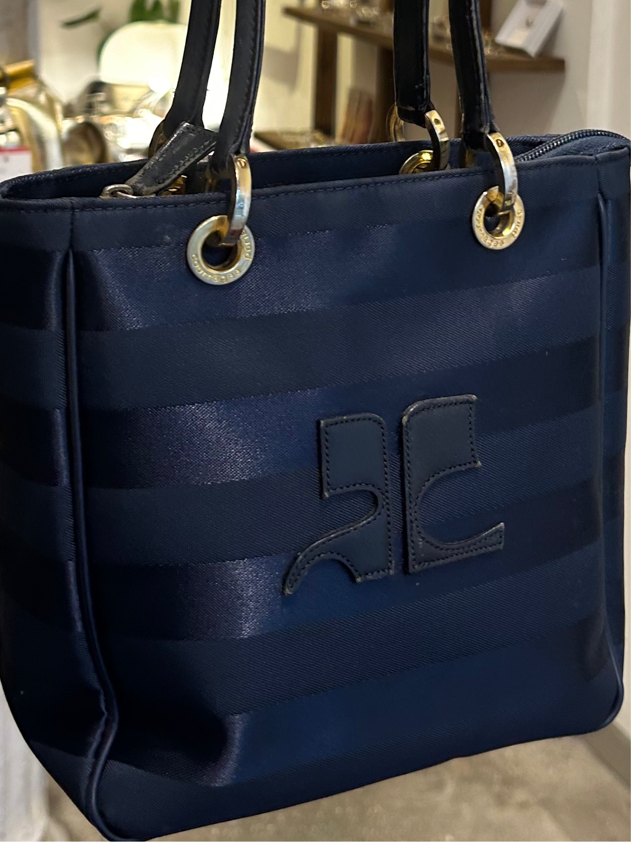 COURREGES navy blue striped nylon shoulder bag