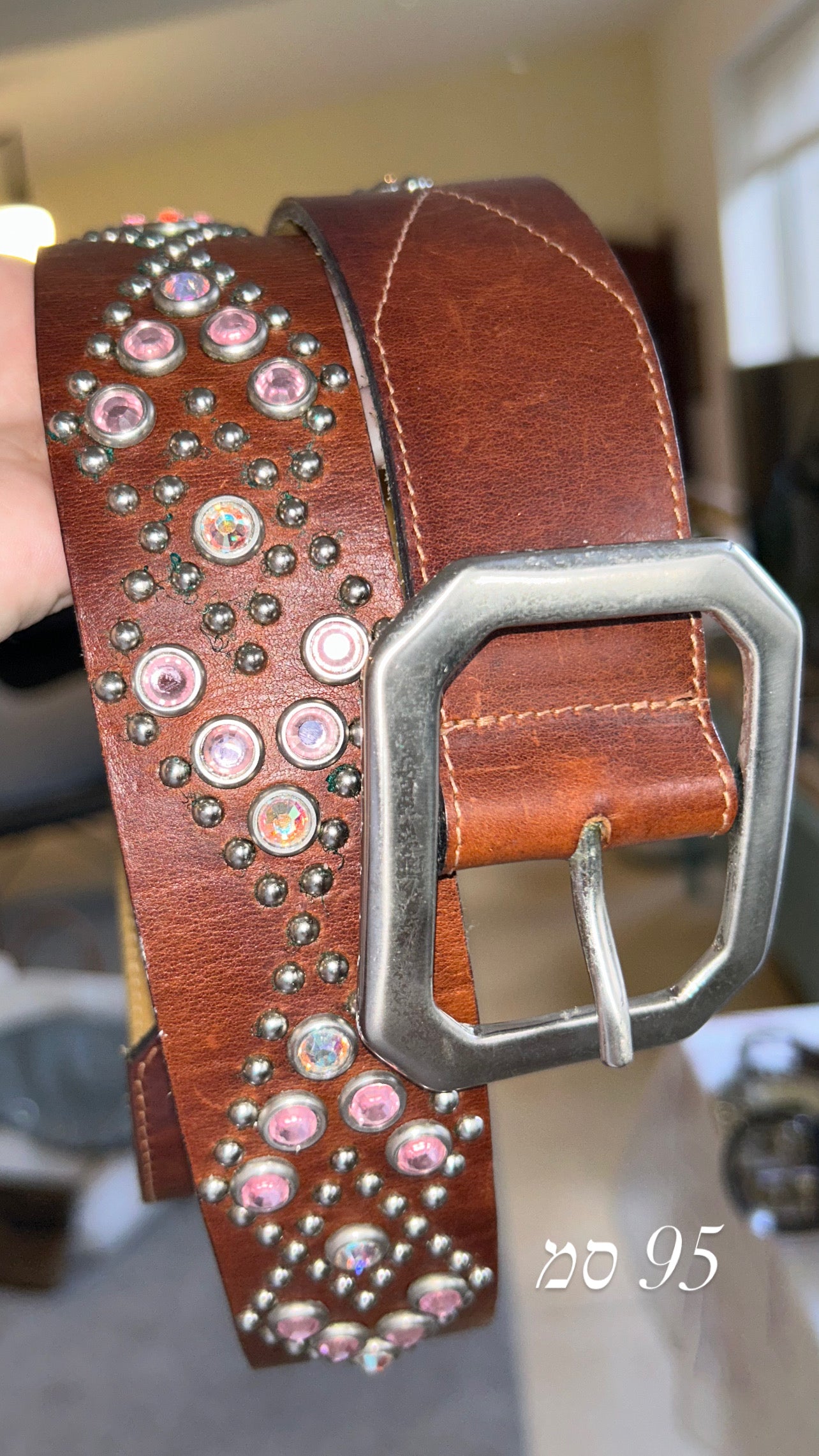 Brown leather pink stones belt