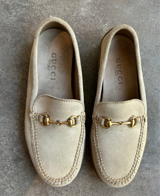 GUCCI  ivory suede horse-bit loafers 36 EU