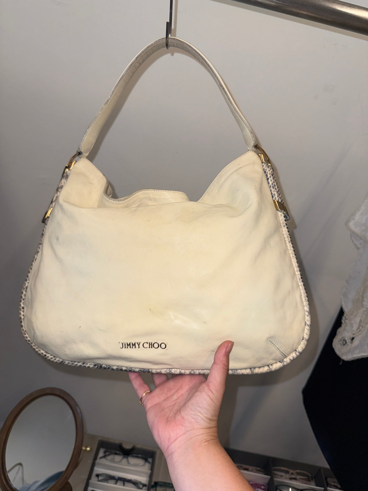 Jimmy Choo Snakeskin-Trimmed Ivory Leather Hobo Bag Late 2000s