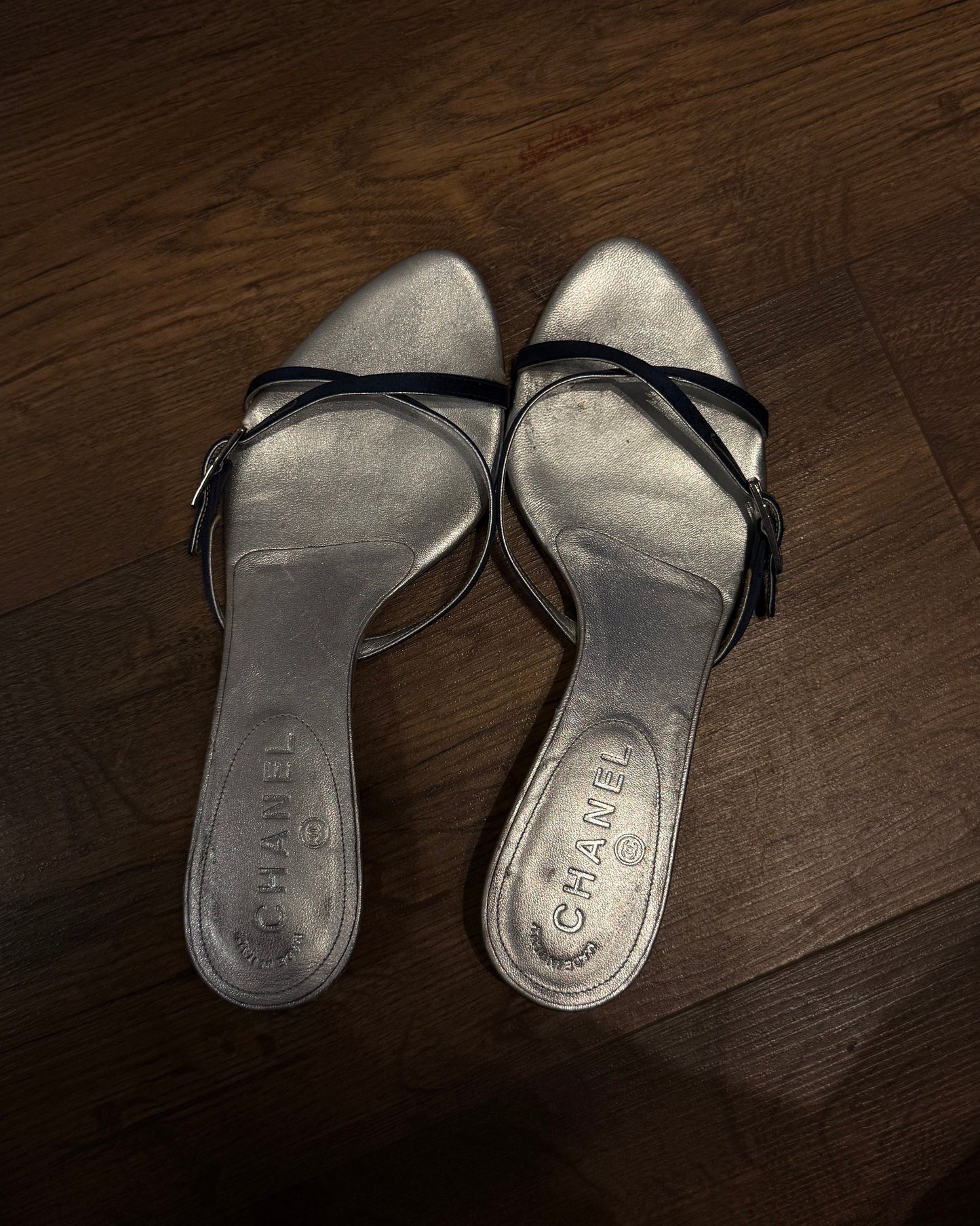 Chanel Silver & Navy Kitten Heel Mules 2000s 36.5 EU