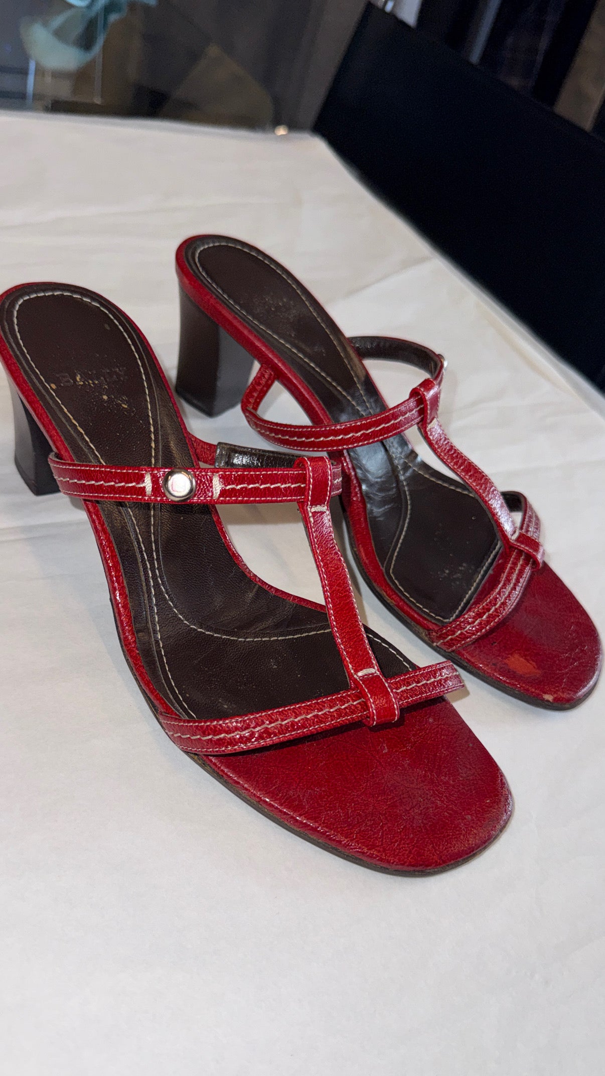 Bally Red Leather T-Strap Sandals