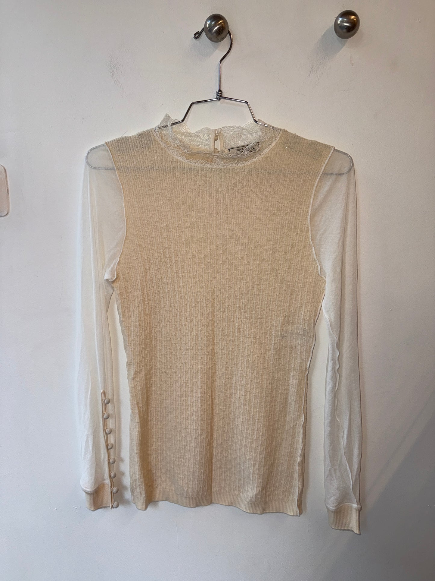 1990s Nina Ricci Wool Knit & Sheer Lace Top