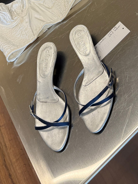Chanel Silver & Navy Kitten Heel Mules 2000s 36.5 EU
