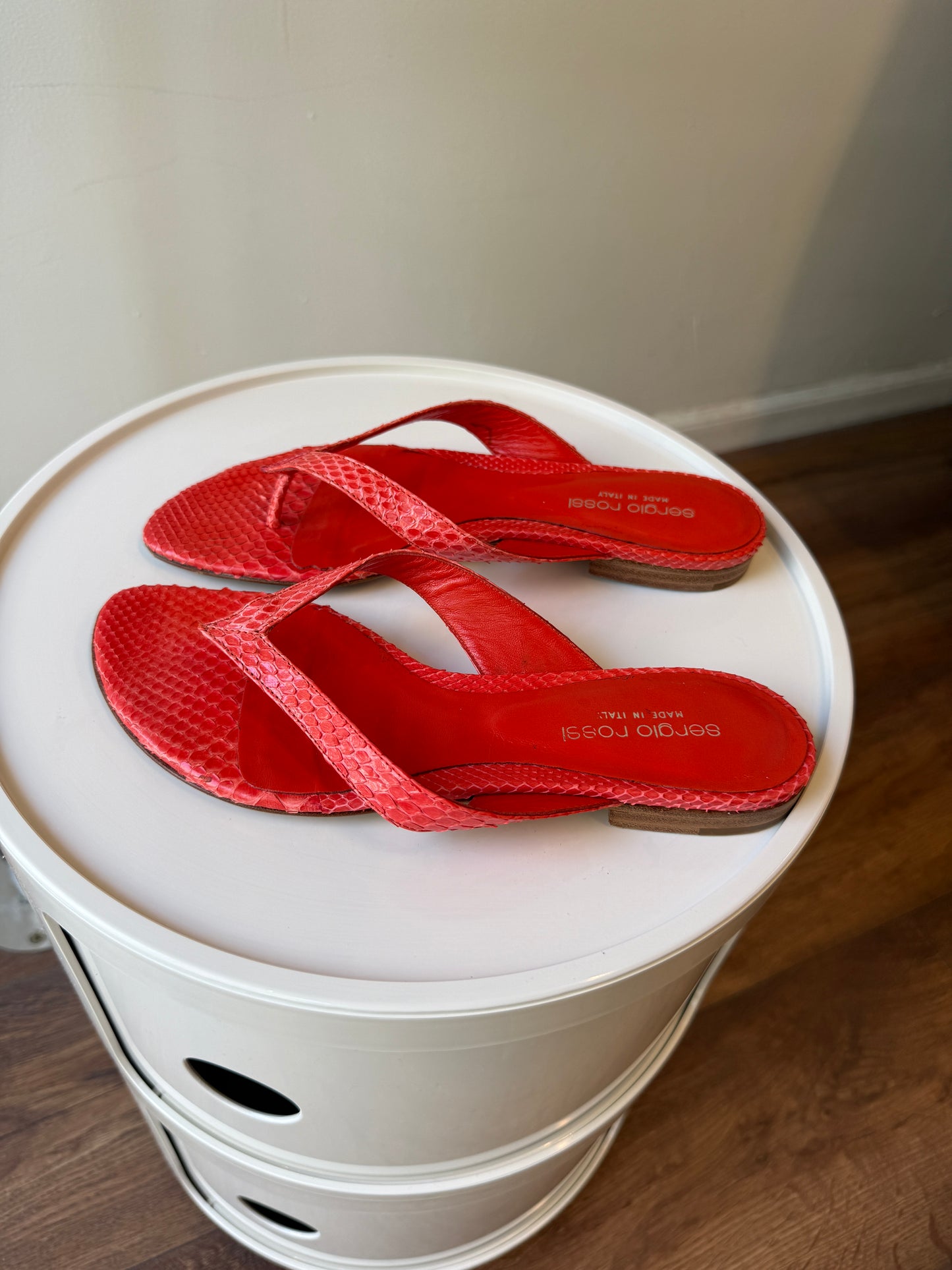 Sergio Rossi Python Leather Thong Sandals – Neon Coral