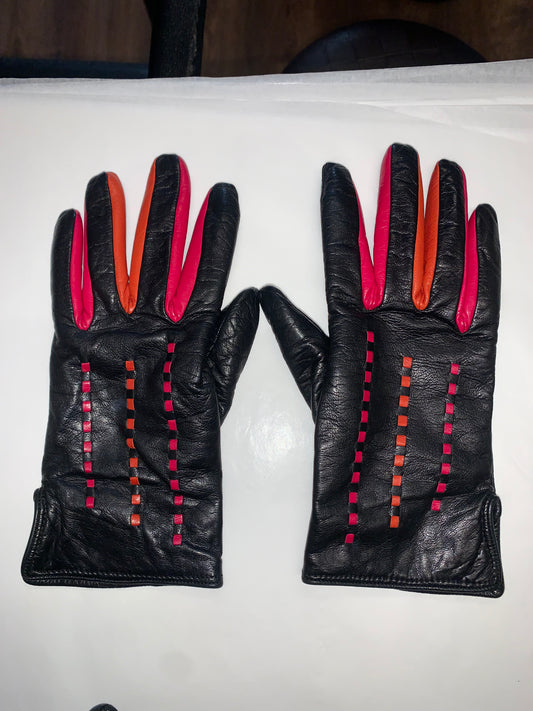 Vintage color-block leather gloves