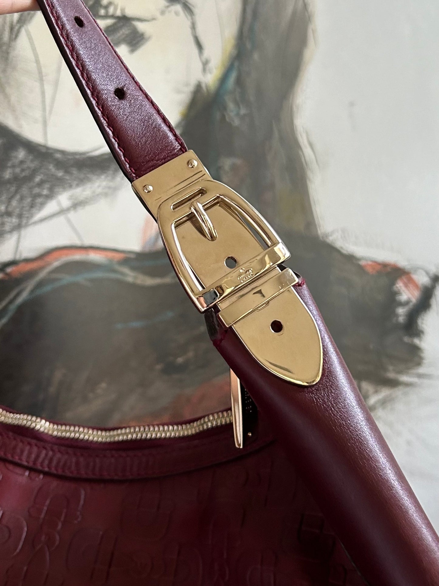 GUCCI moon embossed horsebit red shoulder bag