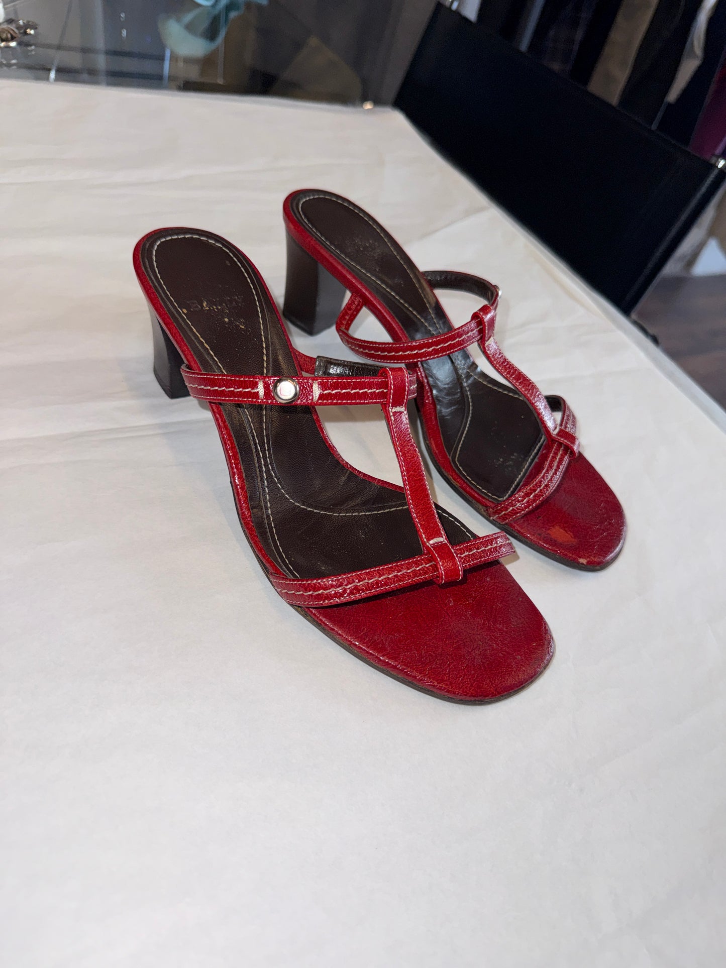 Bally Red Leather T-Strap Sandals