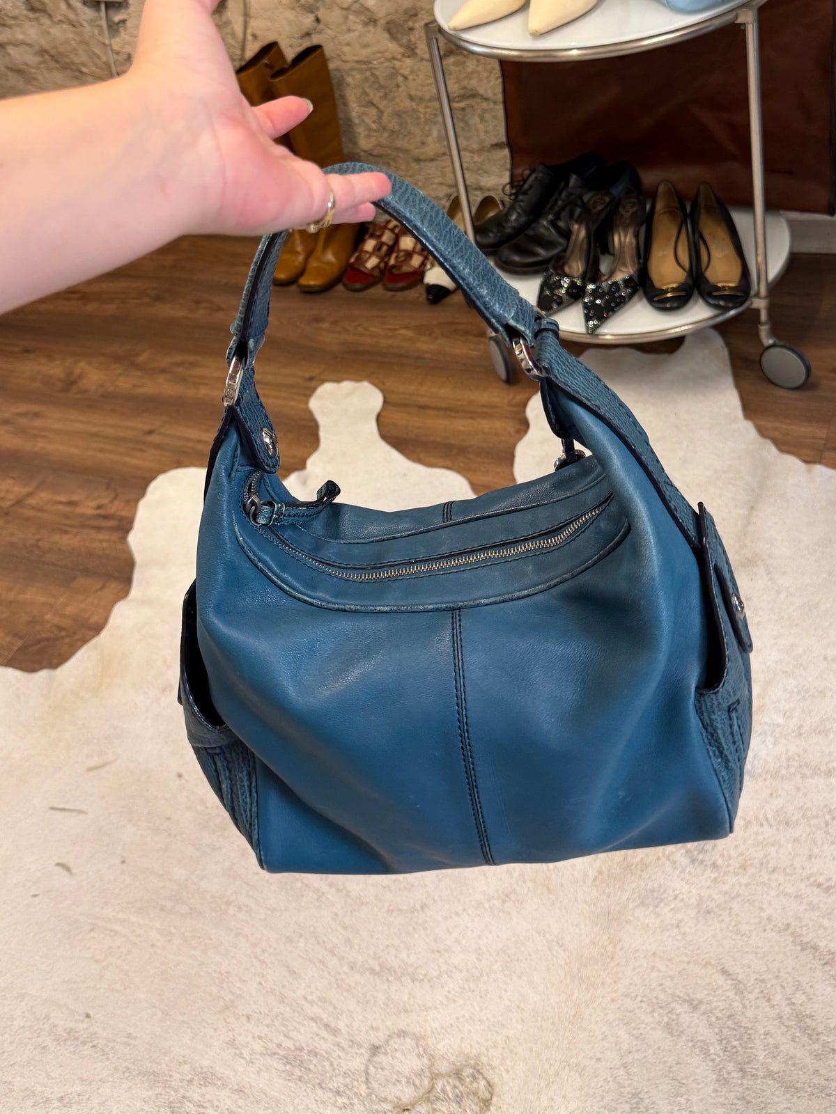 Tod’s Blue Leather Shoulder Bag 2000s
