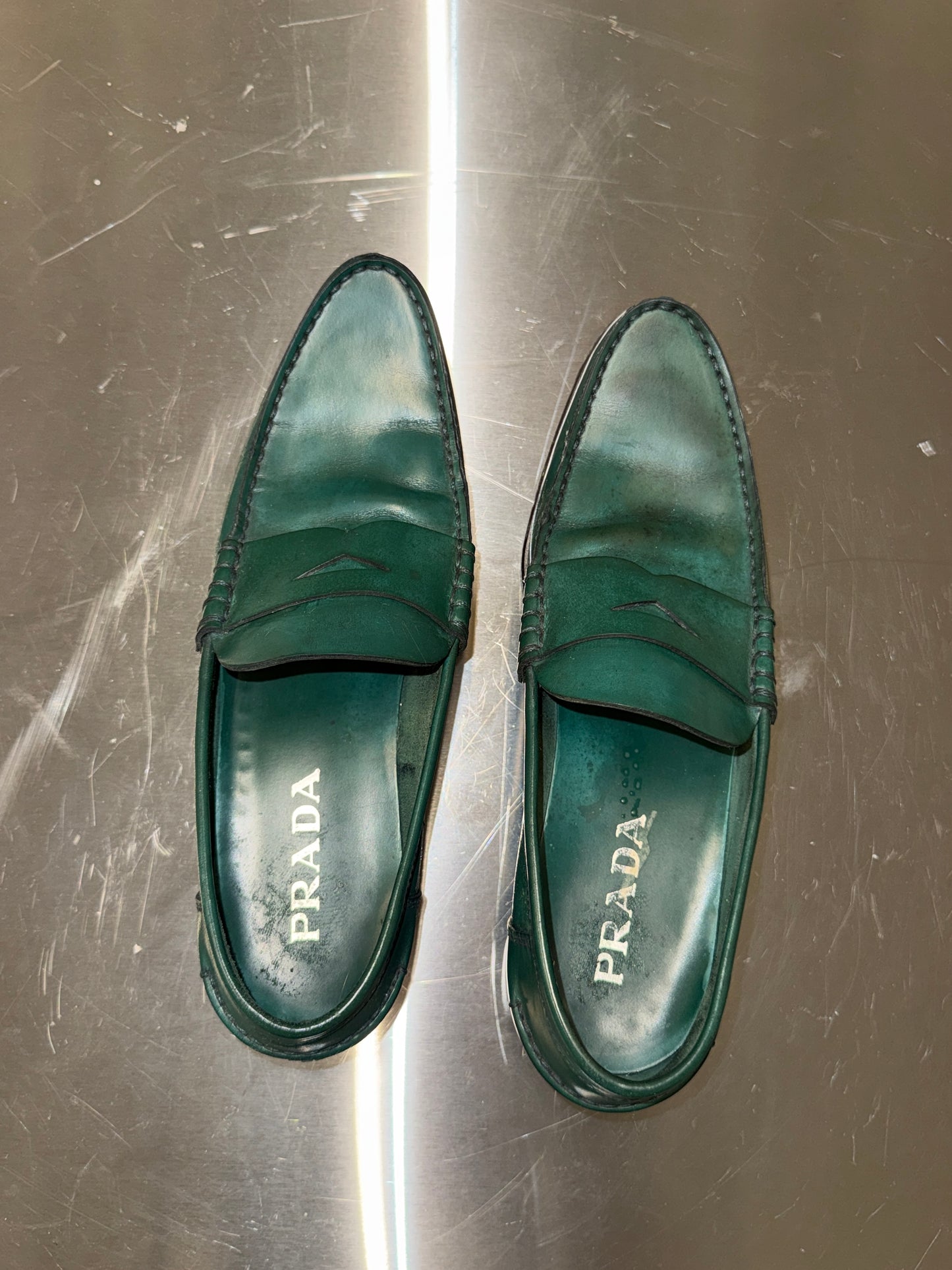 Prada Green Leather Loafers 1990s
