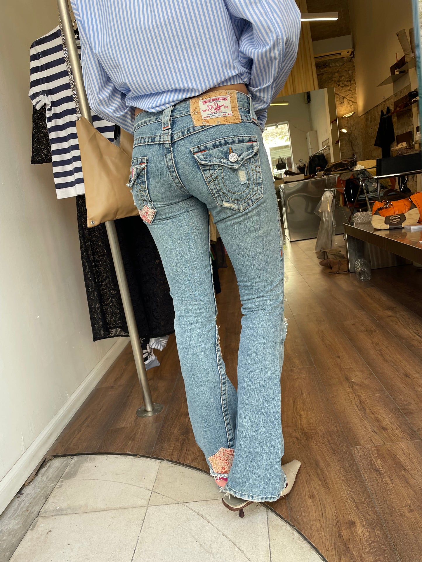 True Religion Patchwork Distressed Flare Jeans