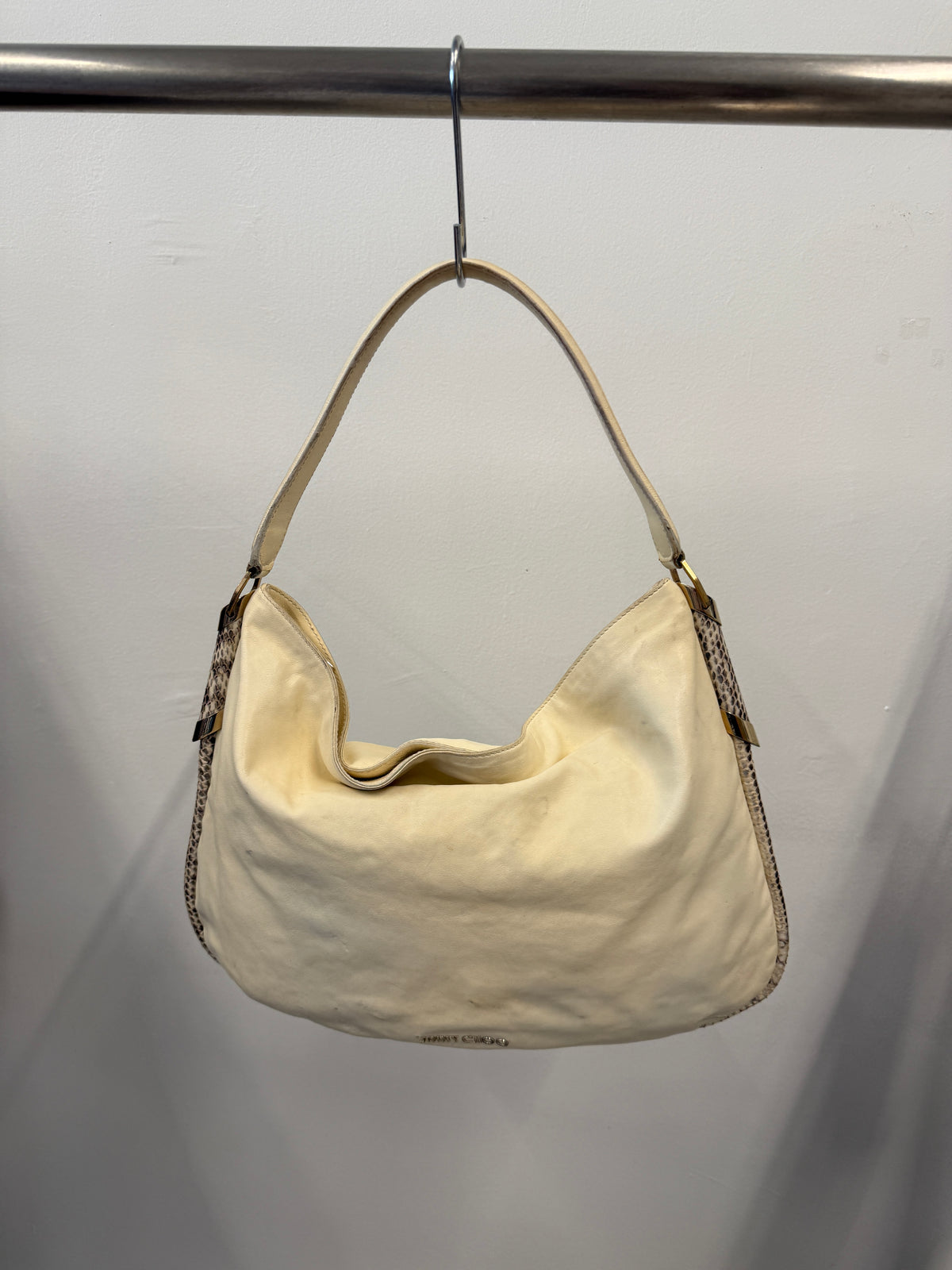 Jimmy Choo Snakeskin-Trimmed Ivory Leather Hobo Bag Late 2000s