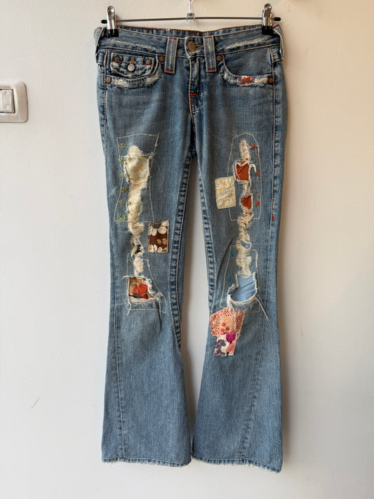 True Religion Patchwork Distressed Flare Jeans